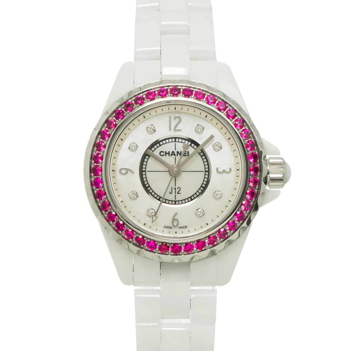 Chanel J12 29mm H3243 Women's Watch, Pink Sapphire Bezel, 8 Diamonds, White Shell Ceramic Quartz Watch — Like New