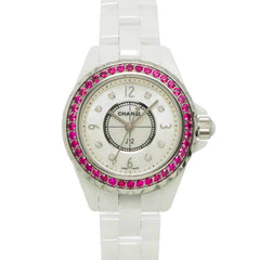 Chanel J12 29mm H3243 Women's Watch, Pink Sapphire Bezel, 8 Diamonds, White Shell Ceramic Quartz Watch — Like New