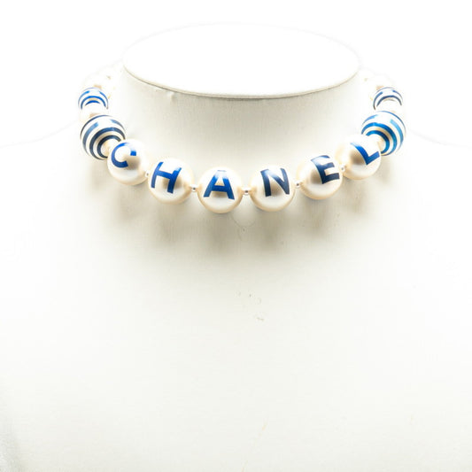 Chanel Coco Mark Necklace Gold Blue Faux Pearl Plated Women's CHANEL