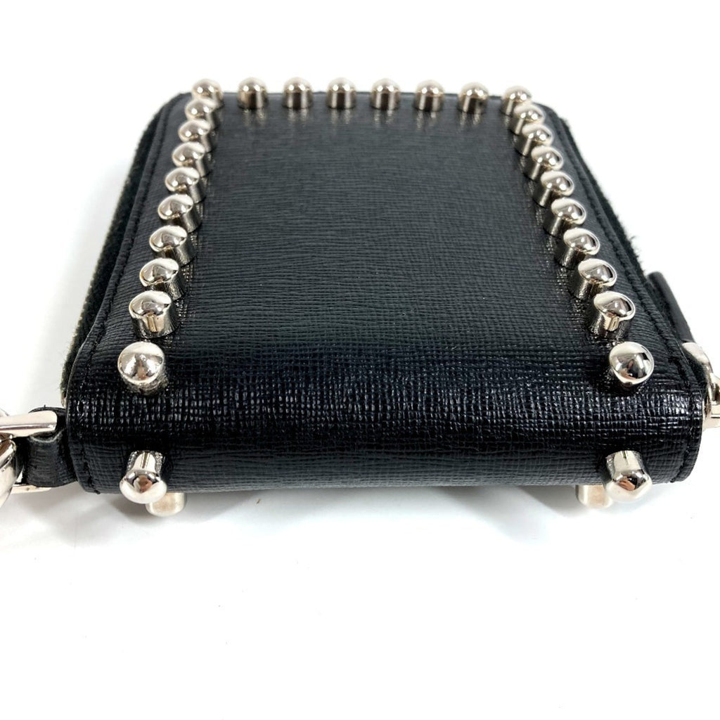 FENDI 7M0197 Karl Lagerfeld Round Zip Compact Wallet with Chain, Black Leather, Men's and Women's