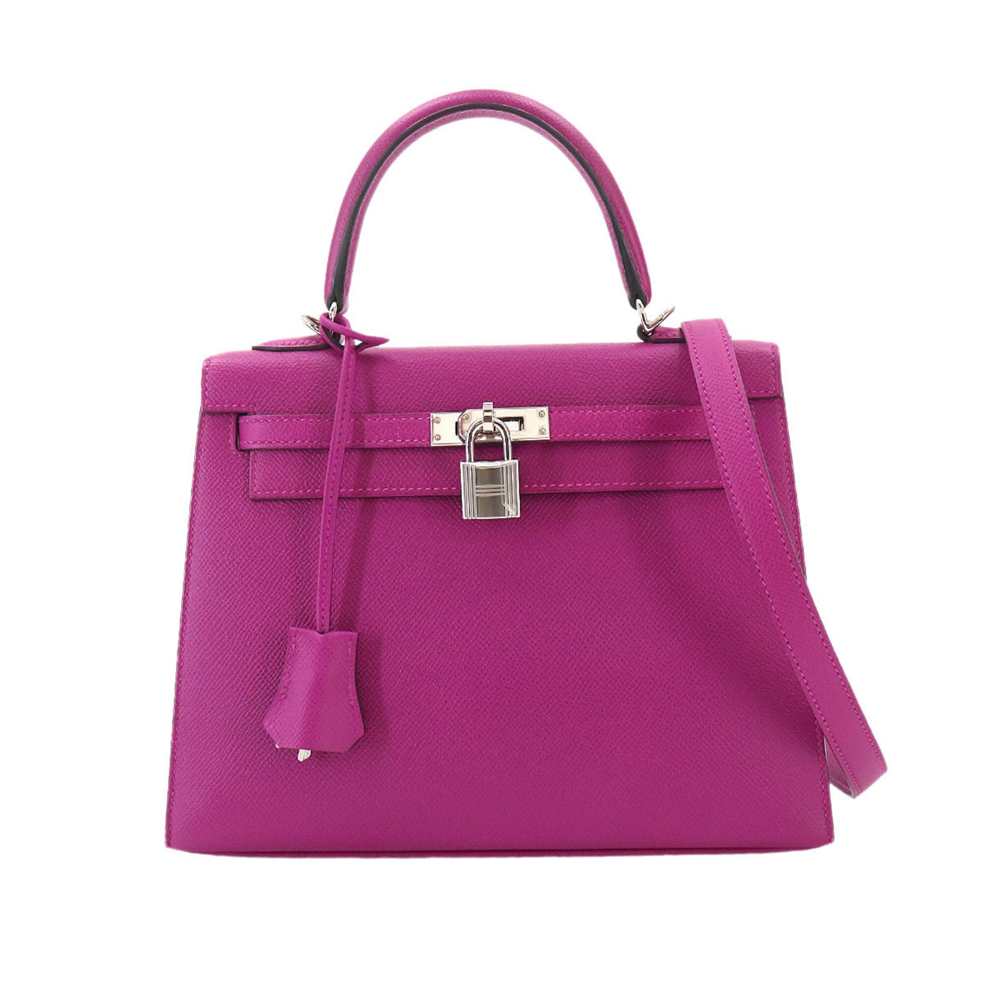 Hermes Kelly 25 Epsom Rose Purple 2-way Handbag Shoulder Bag with external stitching, C stamp, silver hardware — Like New