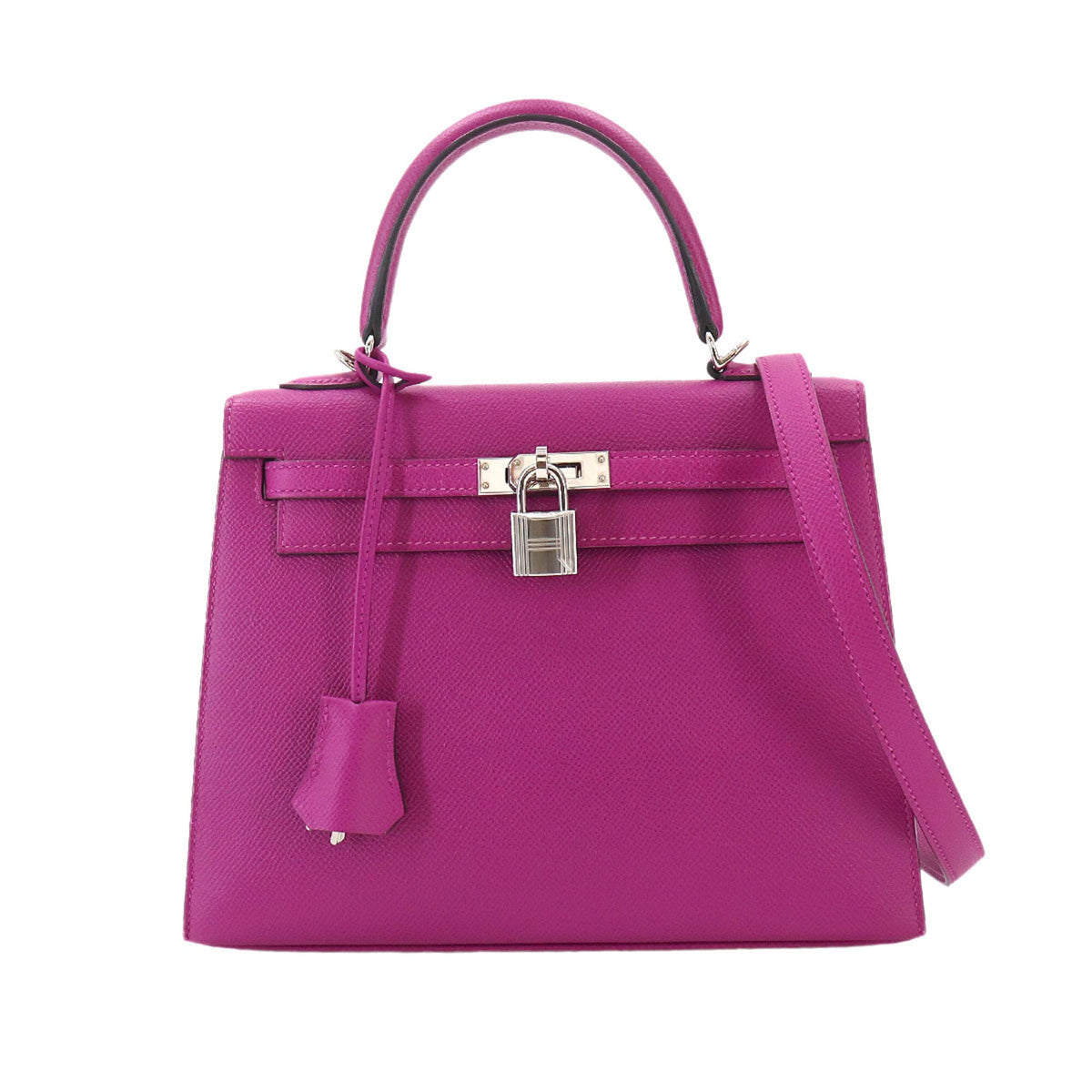 Hermes Kelly 25 Epsom Rose Purple 2-way Handbag Shoulder Bag with external stitching, C stamp, silver hardware — Like New