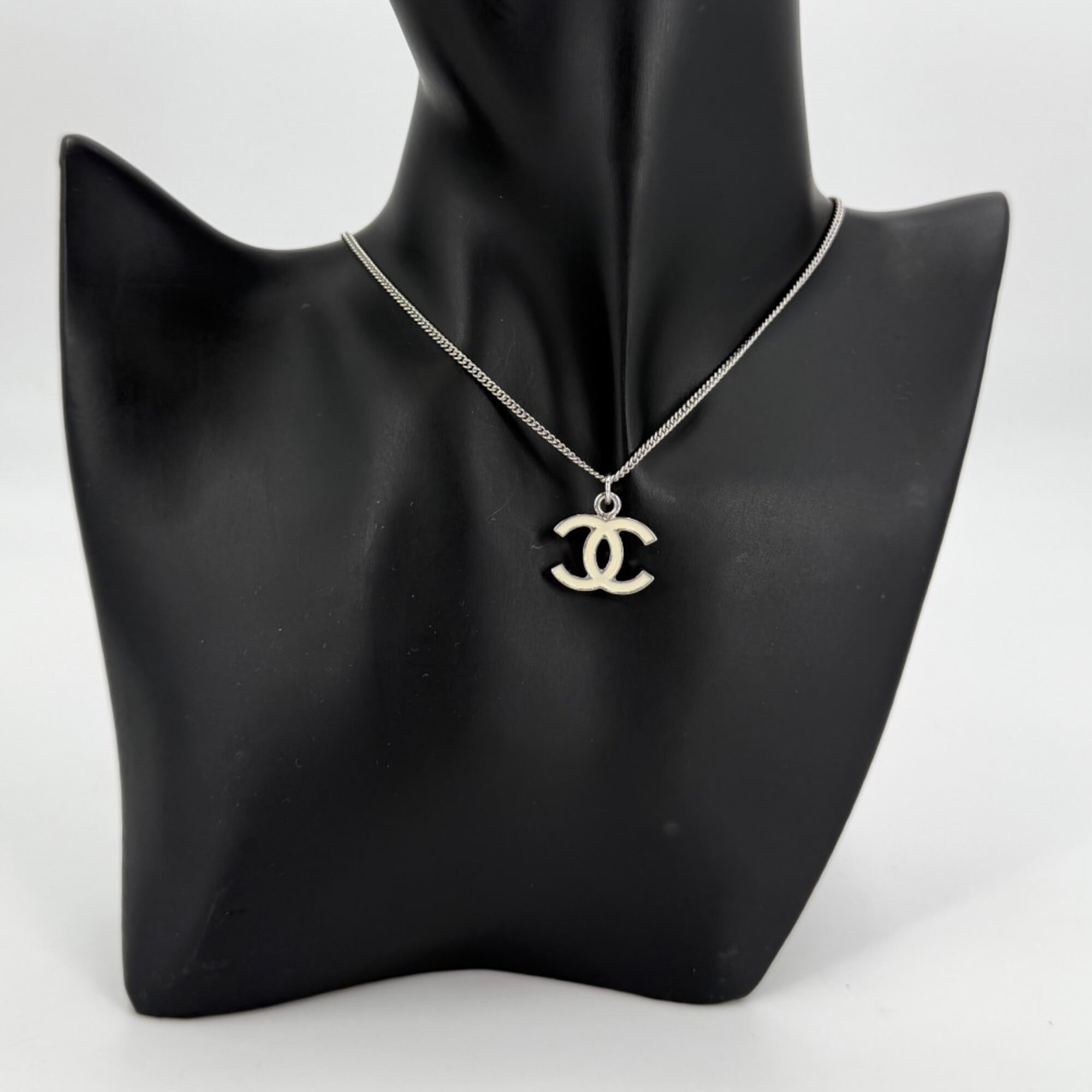 Chanel Necklace for Women, Coco Mark, Silver/White, Approx. 6.2g, 2005 Model (05V) — Like New