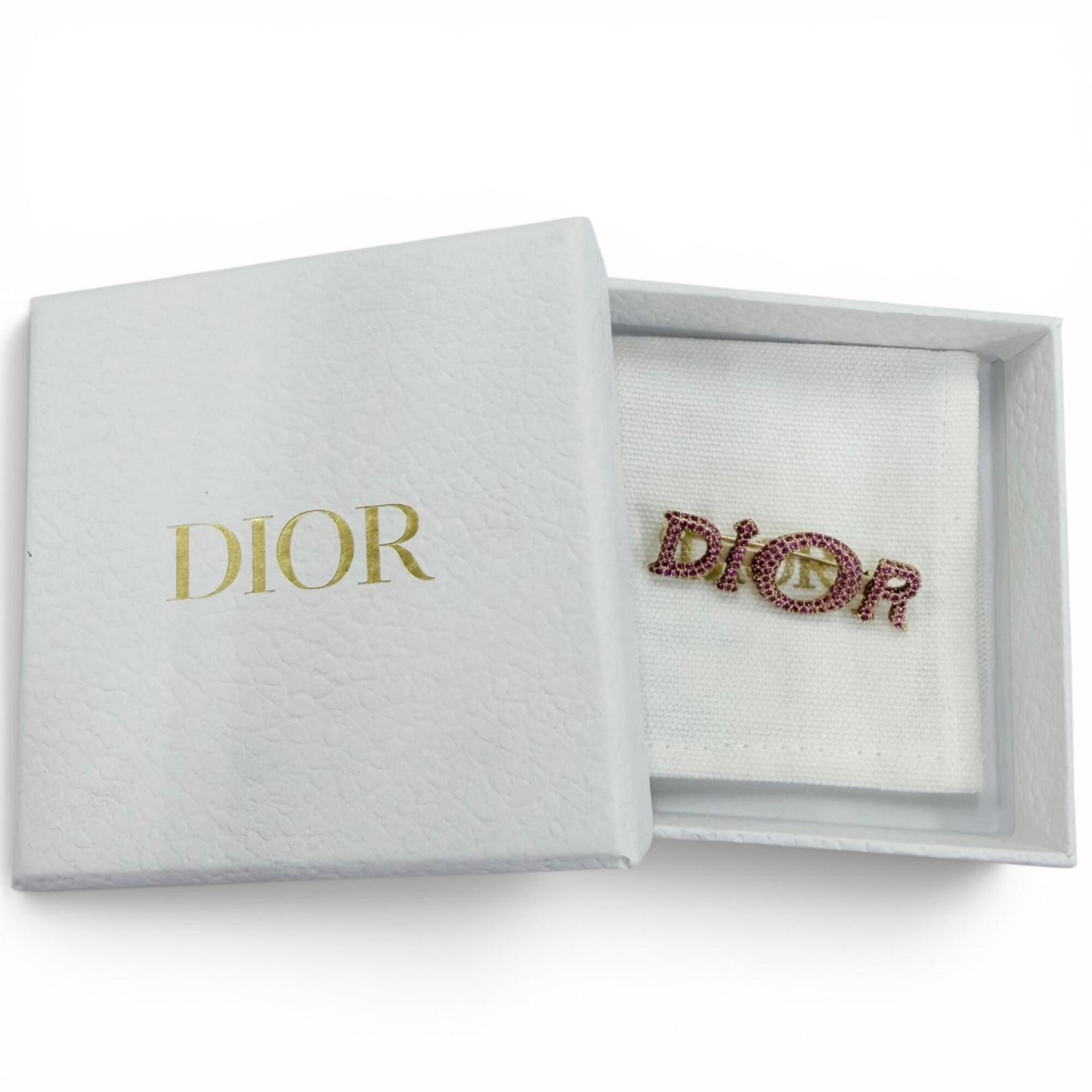 Christian Dior DIOR logo rhinestone brooch, pink with gold hardware, women's accessory, comes box and dust bag — Like New