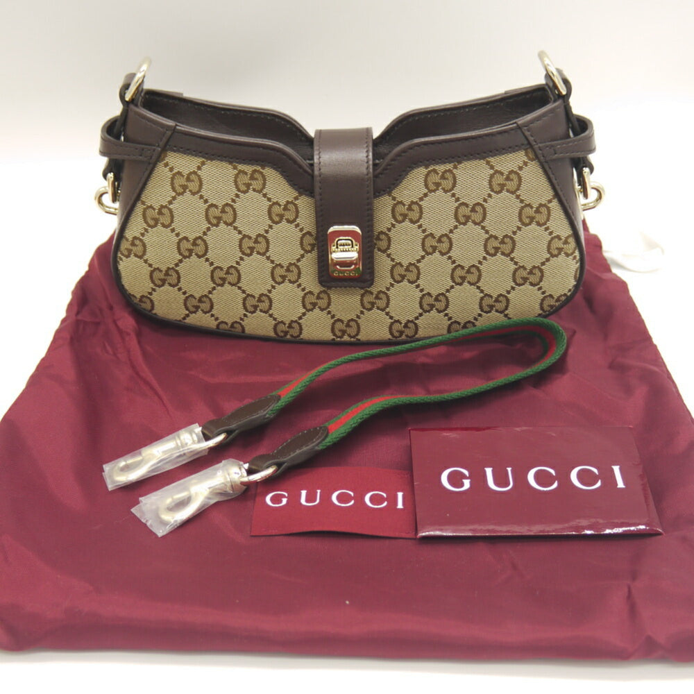 GUCCI Moonside Mini Shoulder Bag in GG Canvas with Sherry Line, Beige, 786015 525040 — Like New