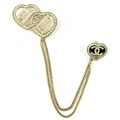 CHANEL C23B ABB655 Coco Mark Metal Strass Double Heart Chain Brooch Gold Women's — Like New
