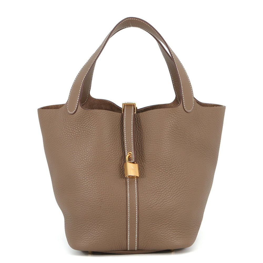 Hermes Picotin Lock MM Handbag, Etoupe, Taurillon Clemence Leather, B Stamp, HERMES Tote Bag, Lock, Picotin, Women's — Like New