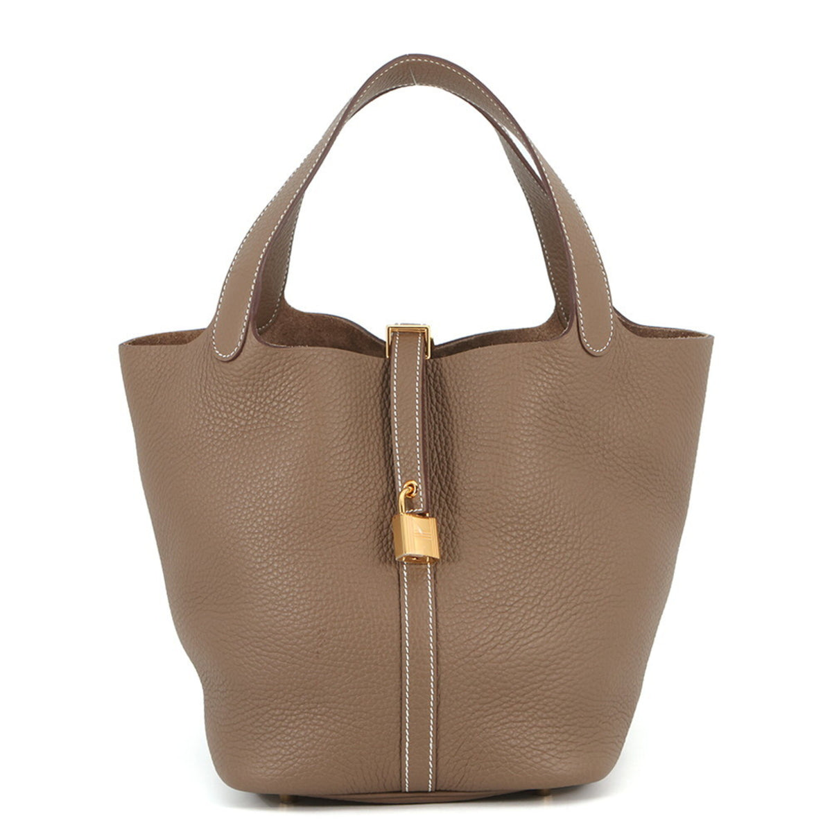 Hermes Picotin Lock MM Handbag, Etoupe, Taurillon Clemence Leather, B Stamp, HERMES Tote Bag, Lock, Picotin, Women's — Like New