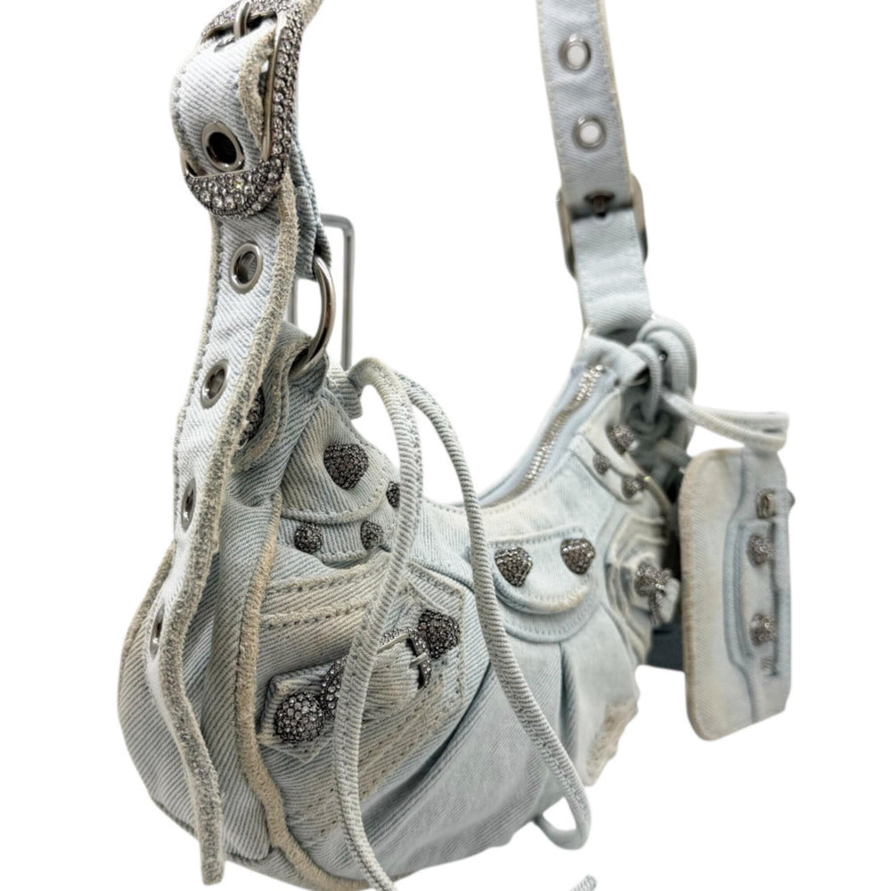 BALENCIAGA Le Cagole denim shoulder bag XS, blue with rhinestone heart design, for women — New - Store Return