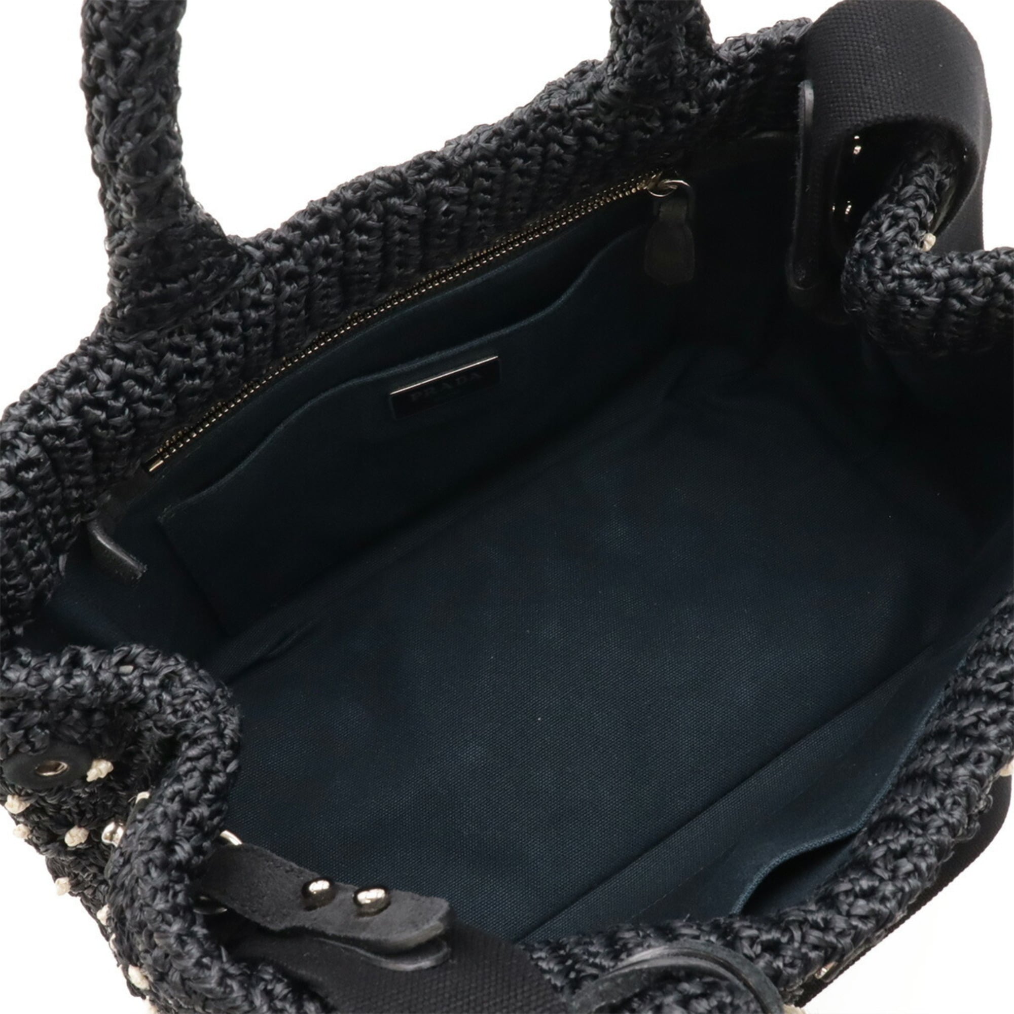 PRADA Raffia Tote Bag, Basket Shoulder Polka Dot Pattern, NERO, Black/Ivory, Purchased at a Japanese Boutique, 1BG889