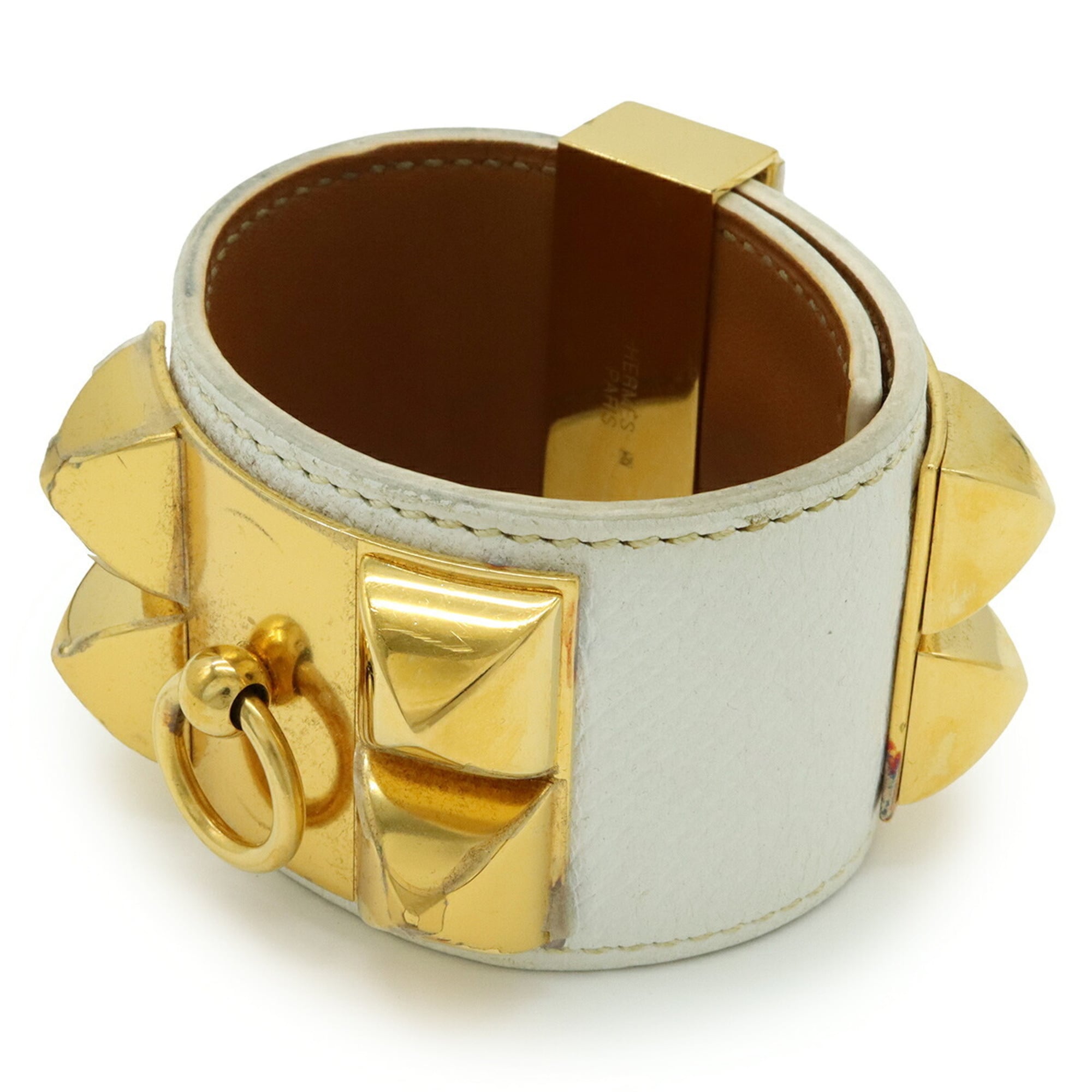 HERMES Collier de Chien Medor Bracelet Bangle Studs Epsom Leather White #S □R Stamp
