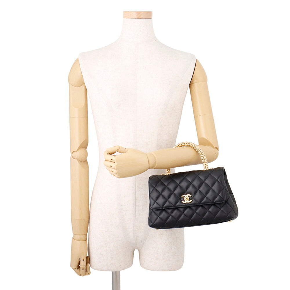 Chanel Matelassé handbag, Coco Mark, Handle, Lambskin, A92990, CHANEL 2-way shoulder bag, Black, handbag for women — Like New