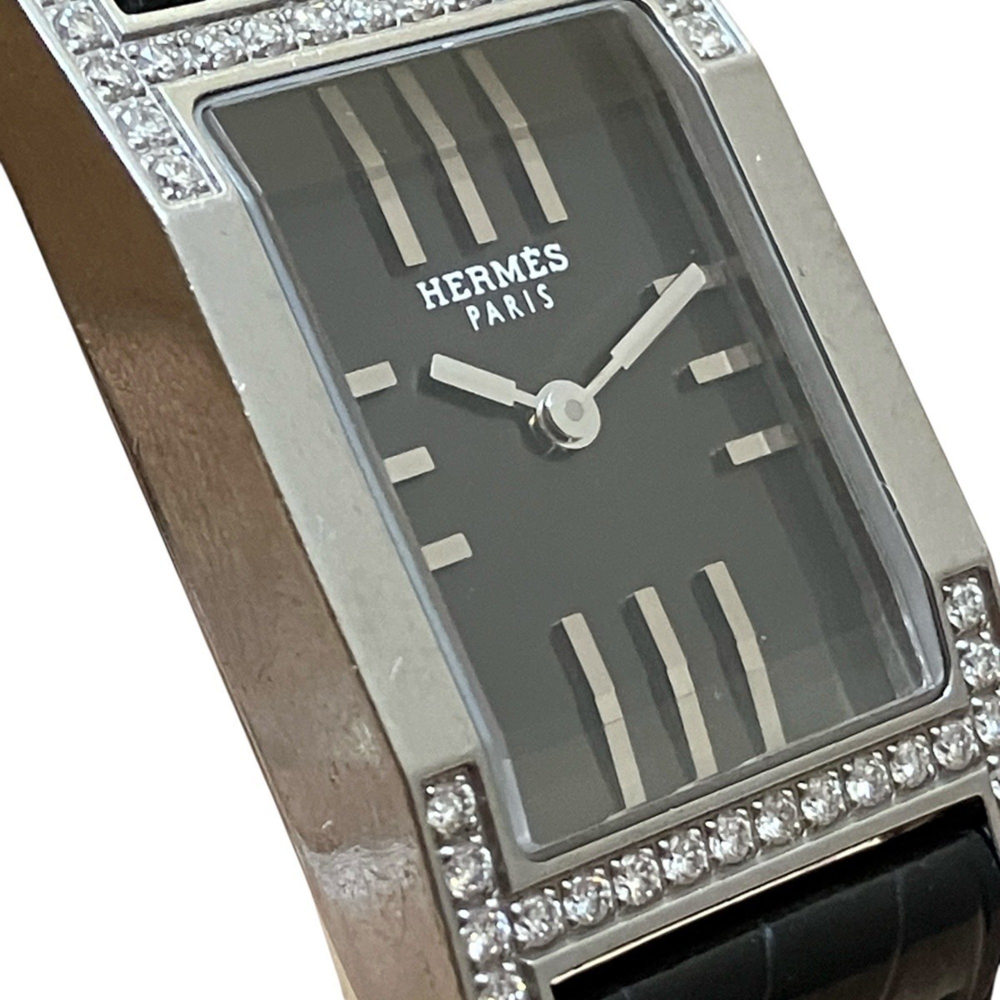 Hermes HERMES Dandem Diamond-Set Bezel Watch, Total Weight 20.8g, Stainless Steel, Genuine Leather Strap, Quartz Movement, Black Dial, TA1.230 — Good
