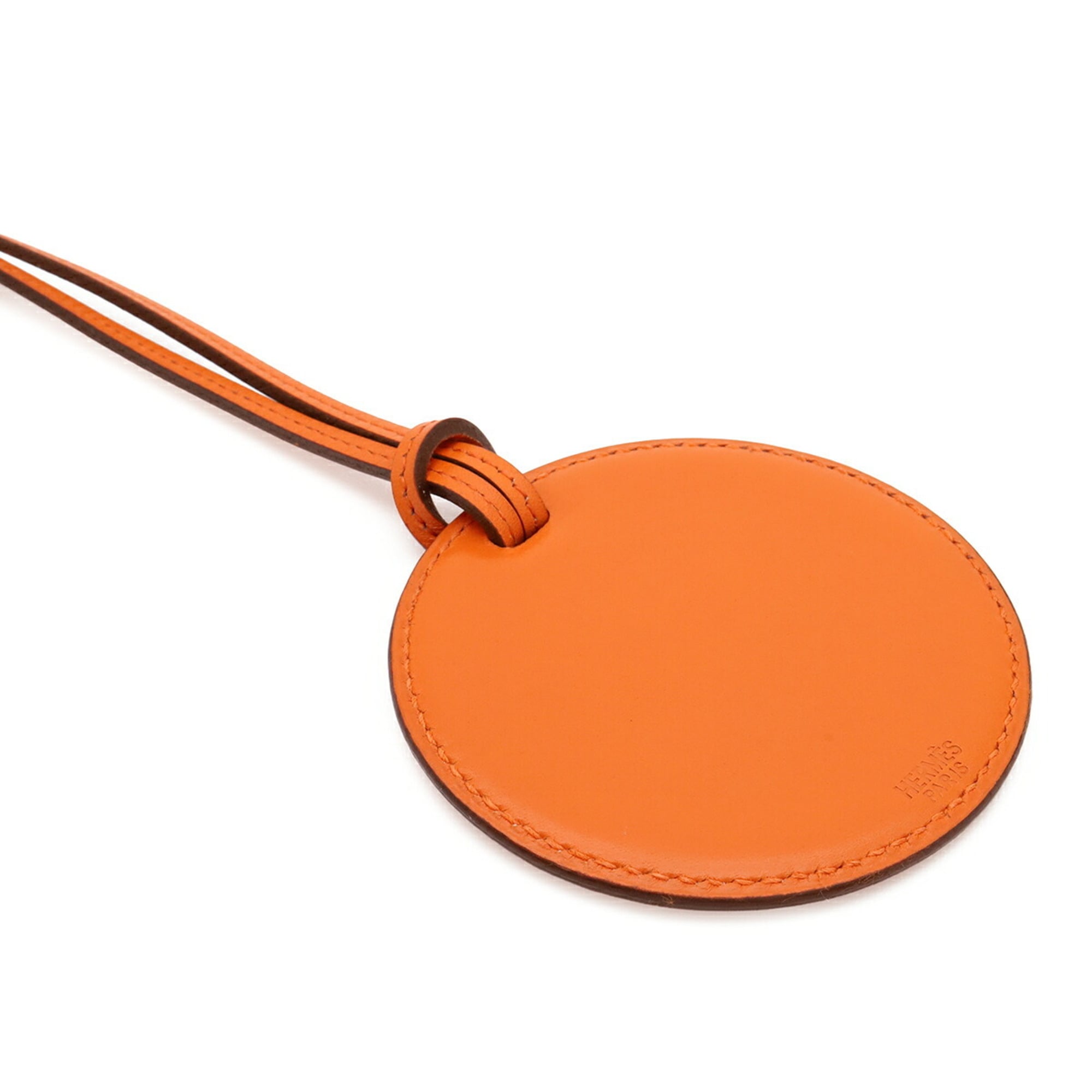 HERMES Hermes Magnifying Glass Necklace Pendant Circle Round Leather Orange — New - Store Return