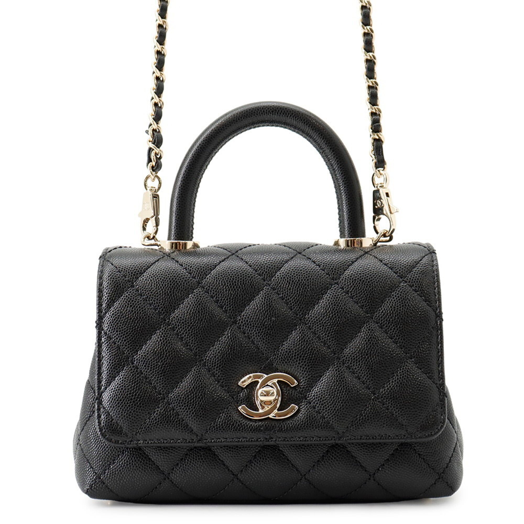 Chanel handbag, Coco Mark, Matelassé, Handle, XXS, caviar leather, AS2215, CHANEL 2-way, black, women's — Like New