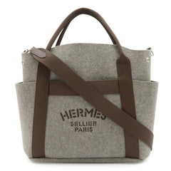 HERMES Sac de Pansage Groom Tote Bag Shoulder Felt Gray Dark Brown with Handbag-in-Bag Y Stamp — Like New