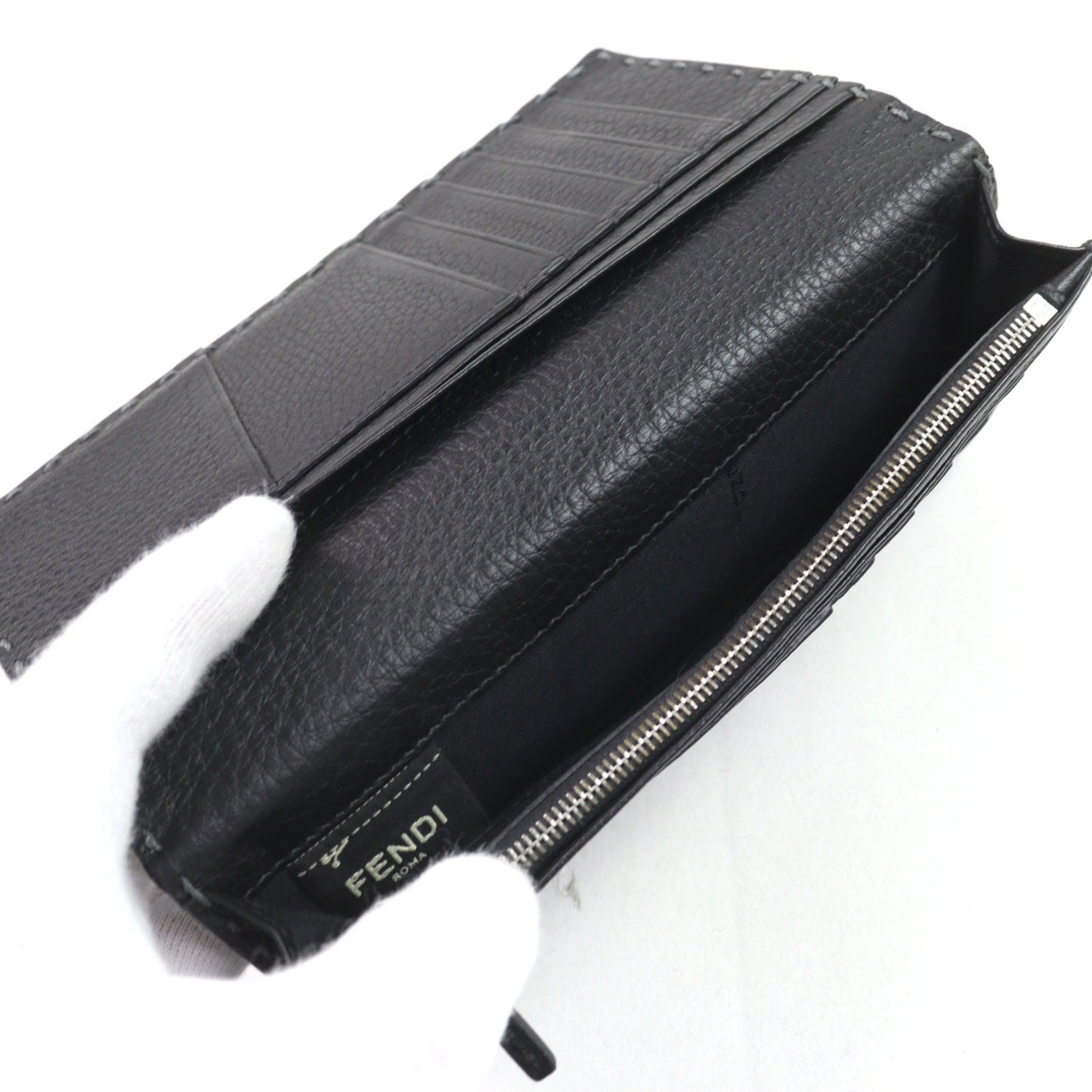 FENDI SELLERIA CUOIO ROMANO Long Wallet in Gray with Hand-Stitched Grained Calfskin, Made Italy, Men's, 7M0186