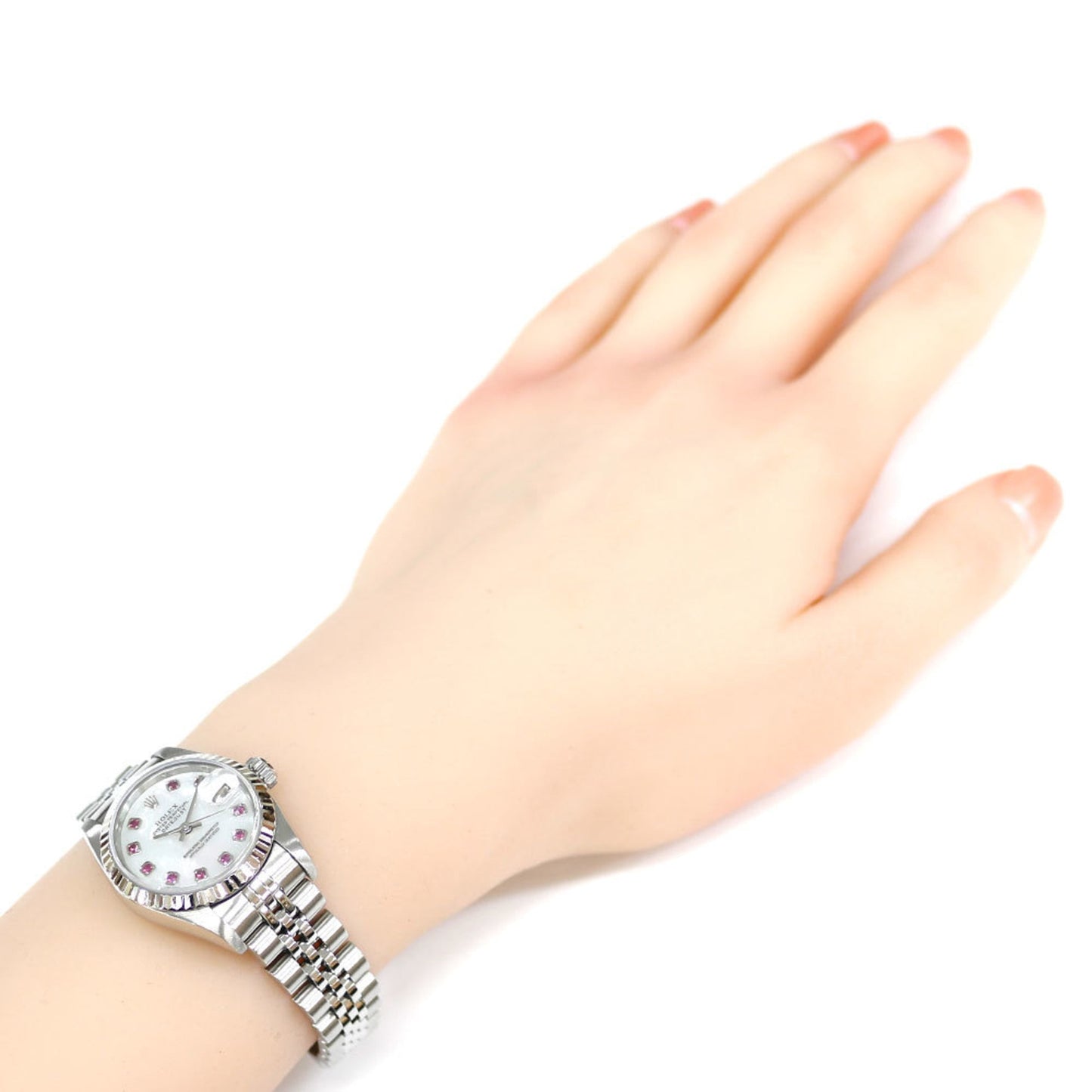 Rolex Datejust Oyster Perpetual Watch, Stainless Steel, Automatic, Women's, 79174NGR, ROLEX F-Serial, 2003-2004 Model, 10 Ruby Beads, White Shell, Overhauled