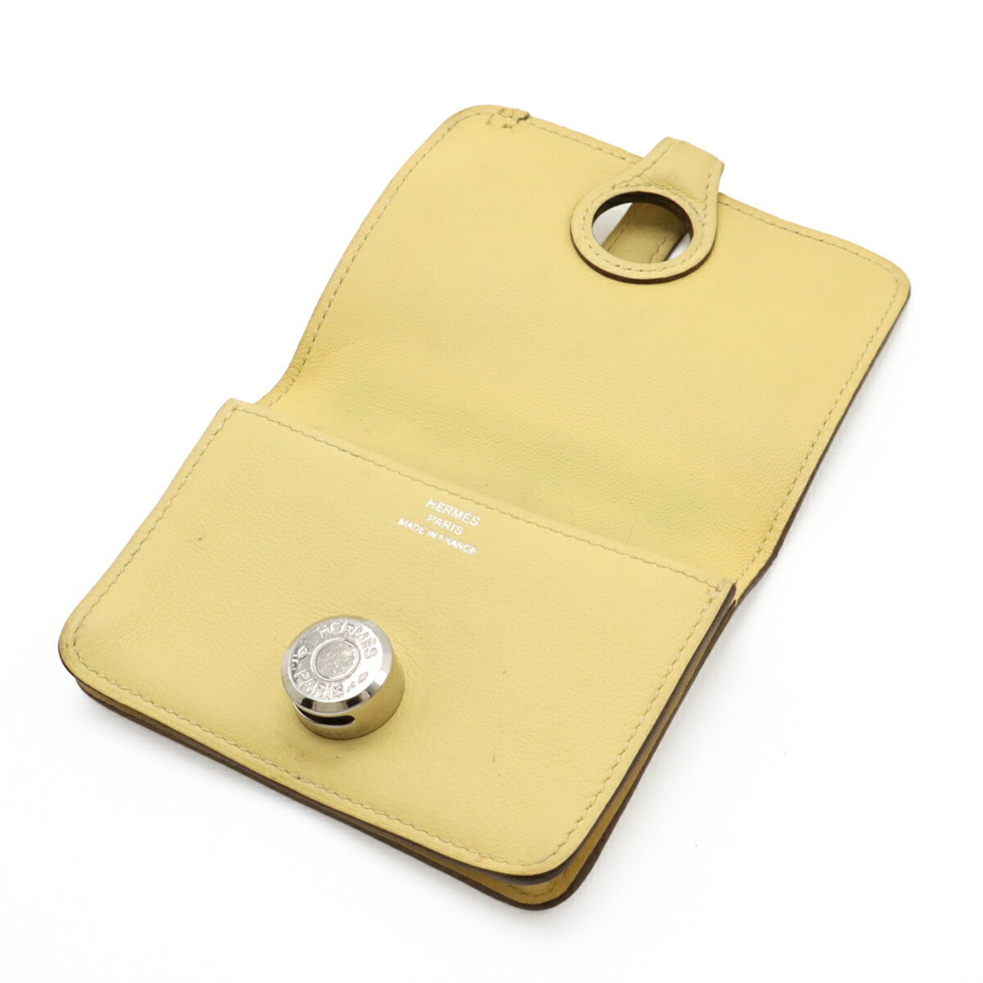 HERMES Dogon card case, coin wallet, purse, Swift leather, yellow, souffle, with X marking.