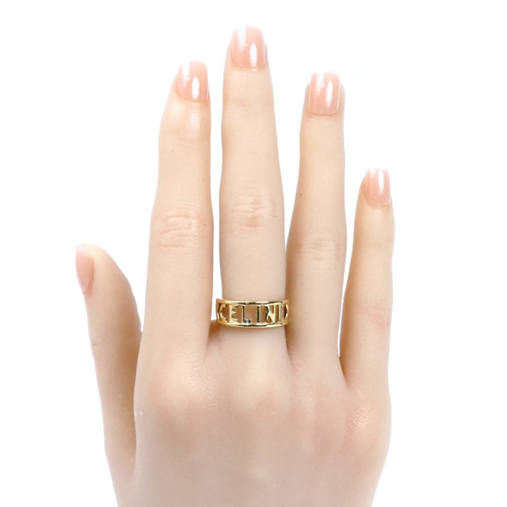 CELINE 18KYG Yellow Gold Logo Ring, Size 12, 4.3g, Women's