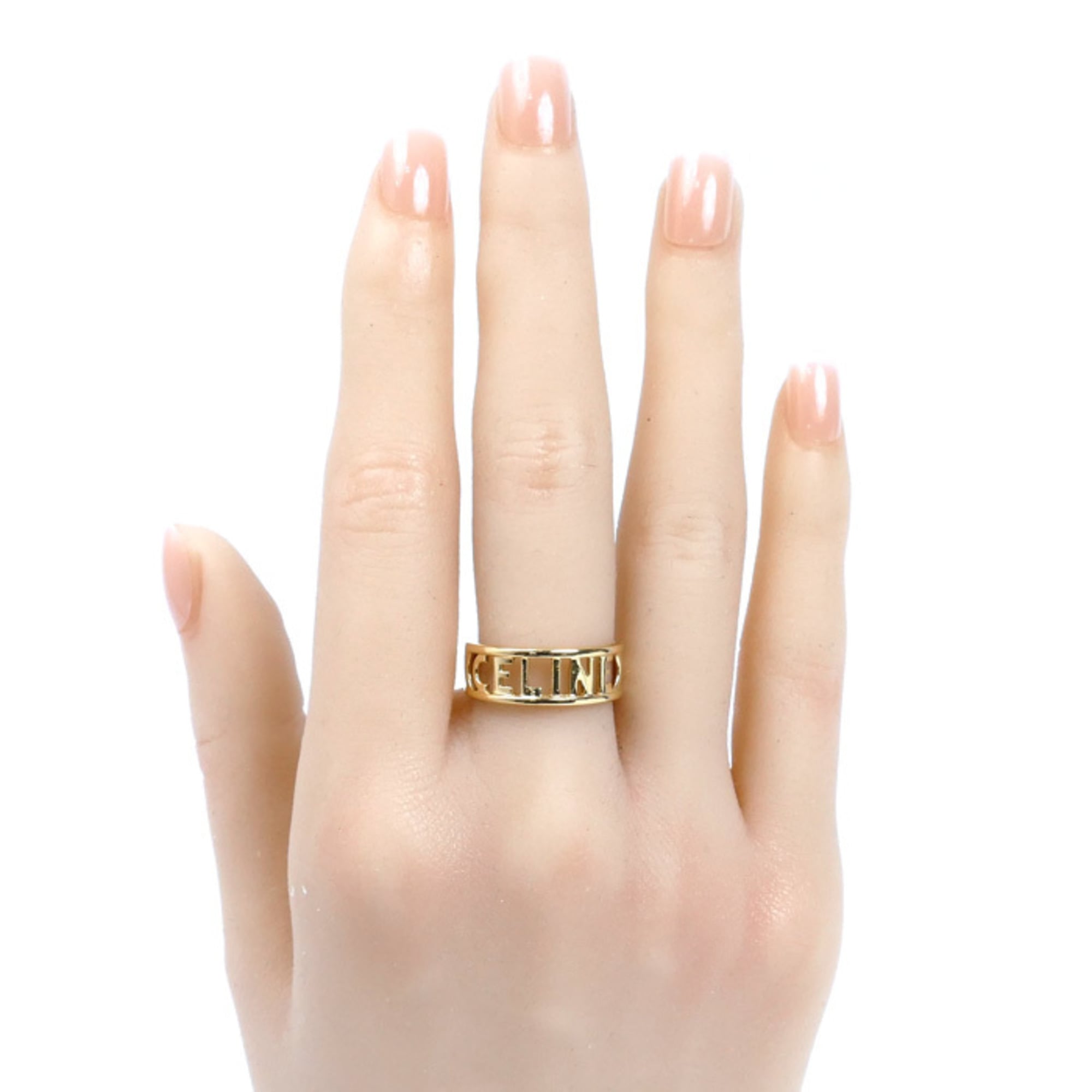 CELINE 18KYG Yellow Gold Logo Ring, Size 12, 4.3g, Women's