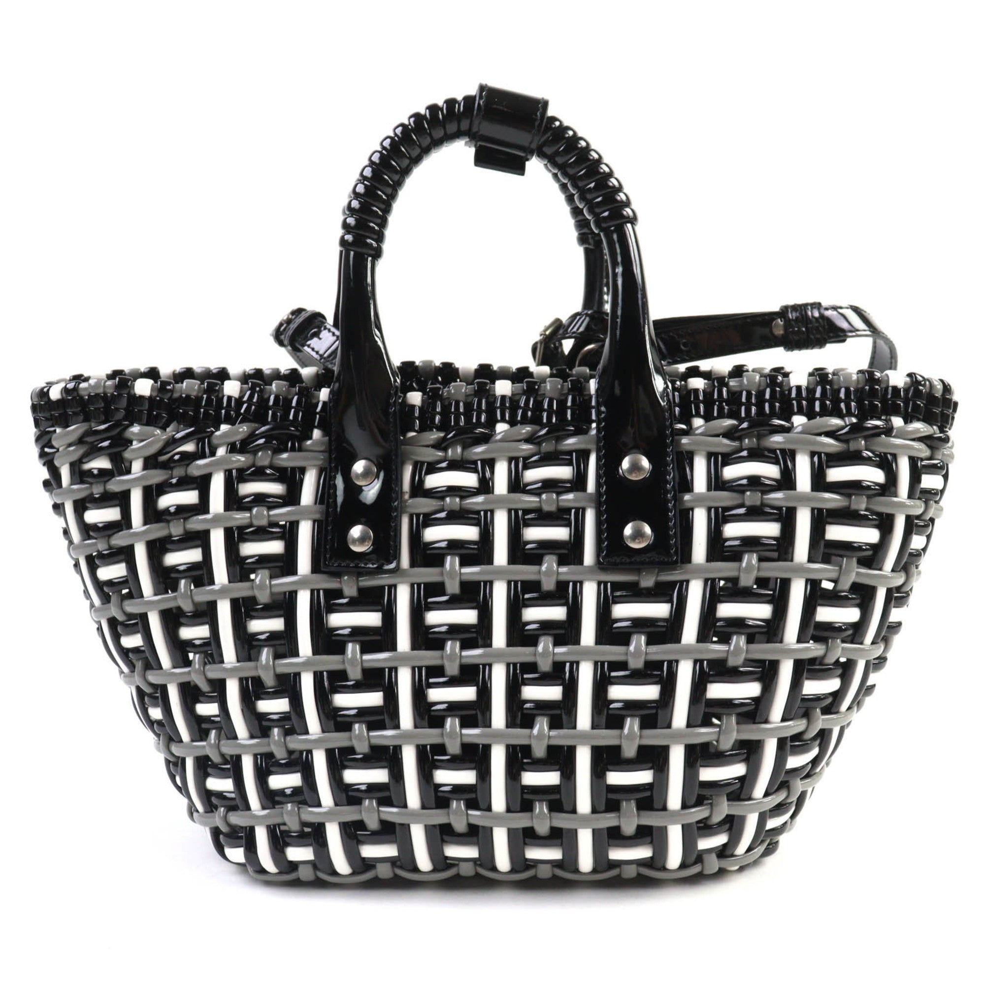 BALENCIAGA 671342 Bistro Basket Bag, XS, Enamel, 2-Way Handbag/Shoulder Black, Gray, White, Includes Dust Made in Italy, Women's — Like New
