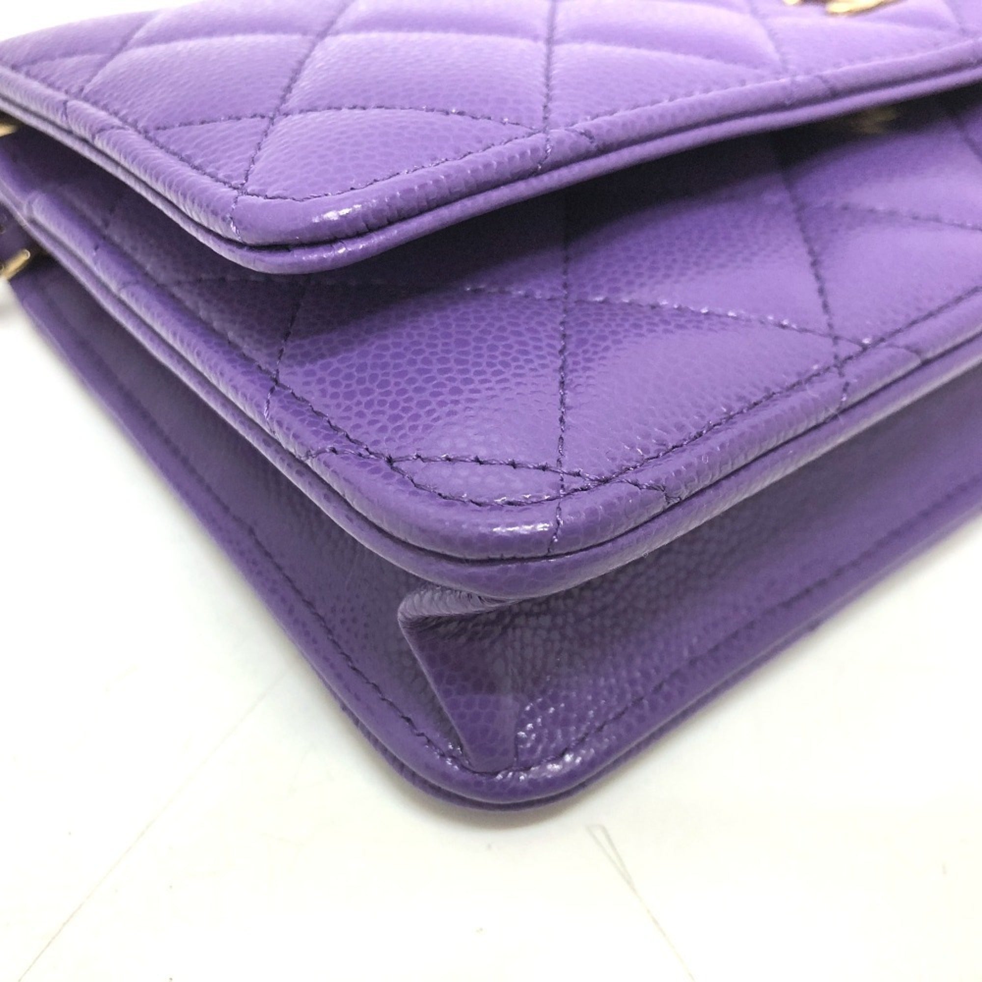 CHANEL A33814 CC Coco Mark Matelasse Chain Wallet Shoulder Bag Caviar Skin Women's Purple — New - Store Return