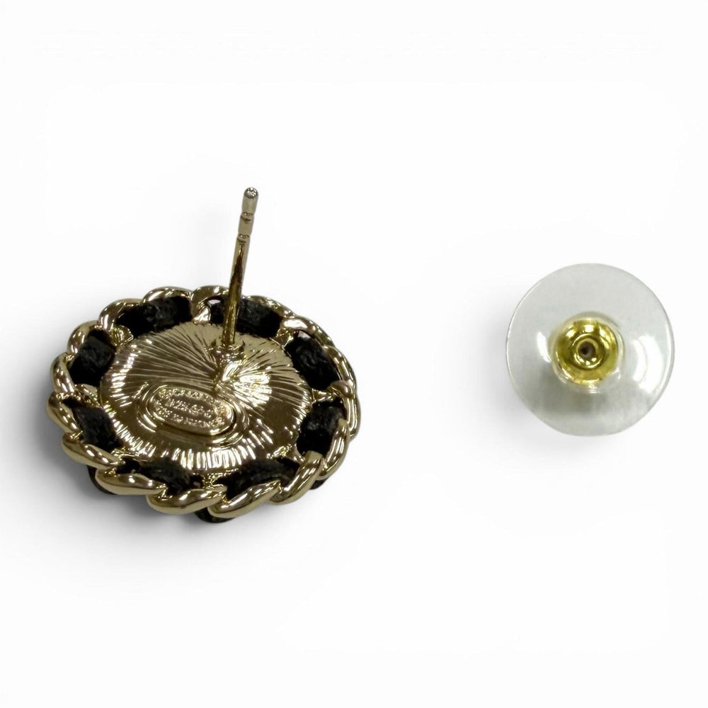 CHANEL B25 Coco Mark Crystal Leather Trim Pearl Earrings, White, Black, Gold Hardware, Made in France, Women's, with Box and Dust Bag — Like New