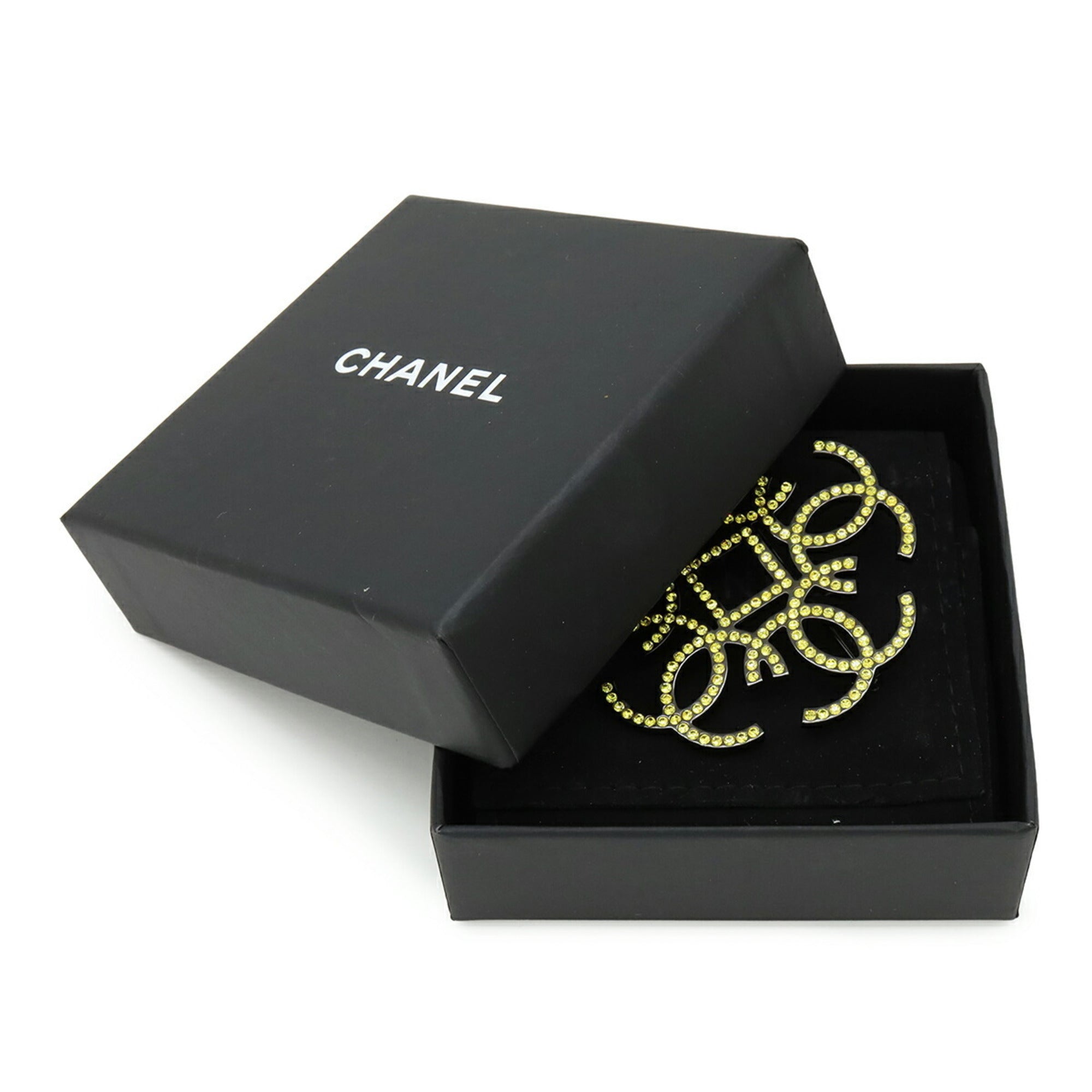 CHANEL Coco Mark Rhinestone Brooch, Metal, Yellow Gold, Black, B17S — Like New