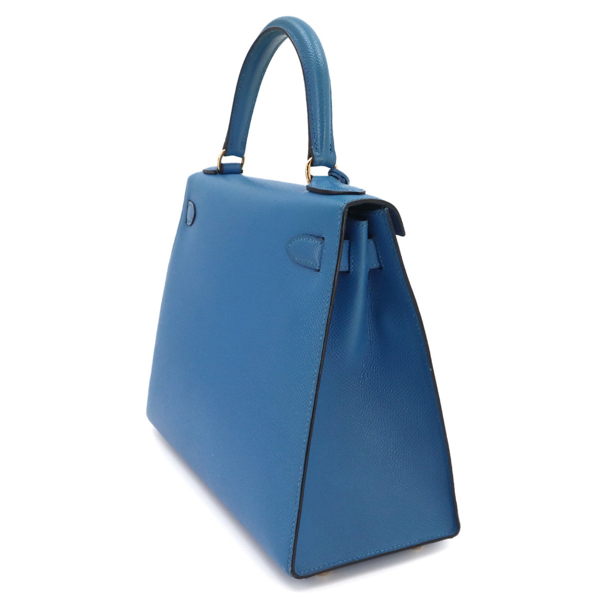 Hermes Kelly 28 2-way Hand/Shoulder Handbag, Courchevel Epsom Leather, Blue France, External Stitching, □A Stamp, Made in 1997, Gold Hardware — Like New