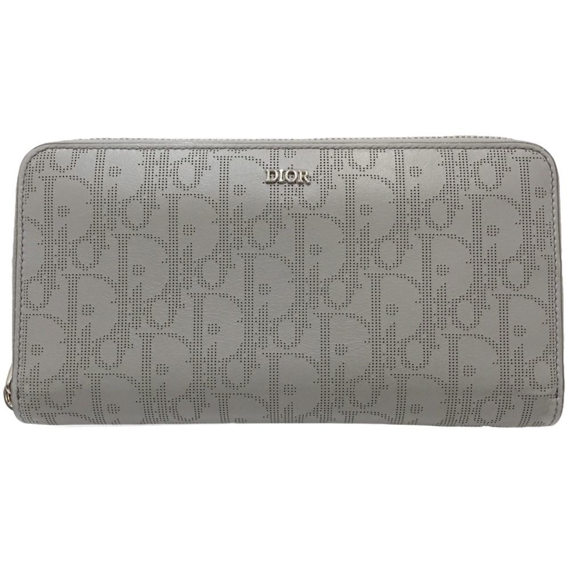 Christian Dior Long Wallet 10-BO-0232 Oblique Calfskin Leather Zip Gray 181156