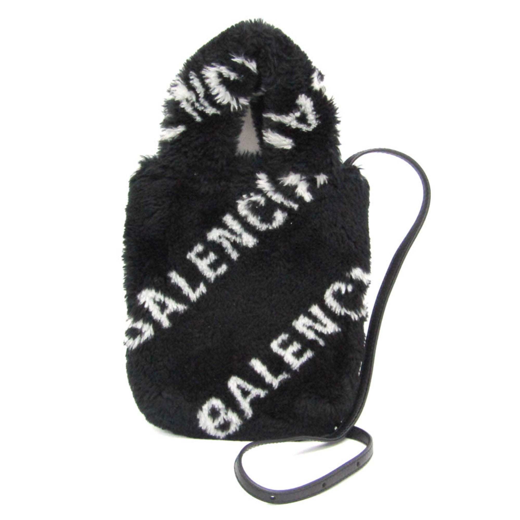 Balenciaga Everyday Phone Holder 596564 Women's Leather,Faux Fur Handbag,Shoulder Bag Black,White — Like New