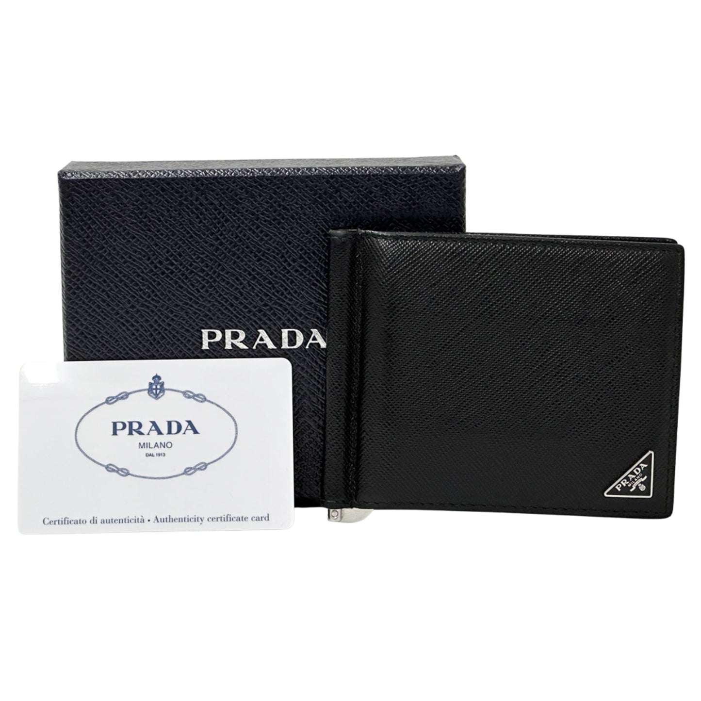 Prada Men's Saffiano NERO Money Clip 2MN077 Bifold Wallet with Triangle Logo