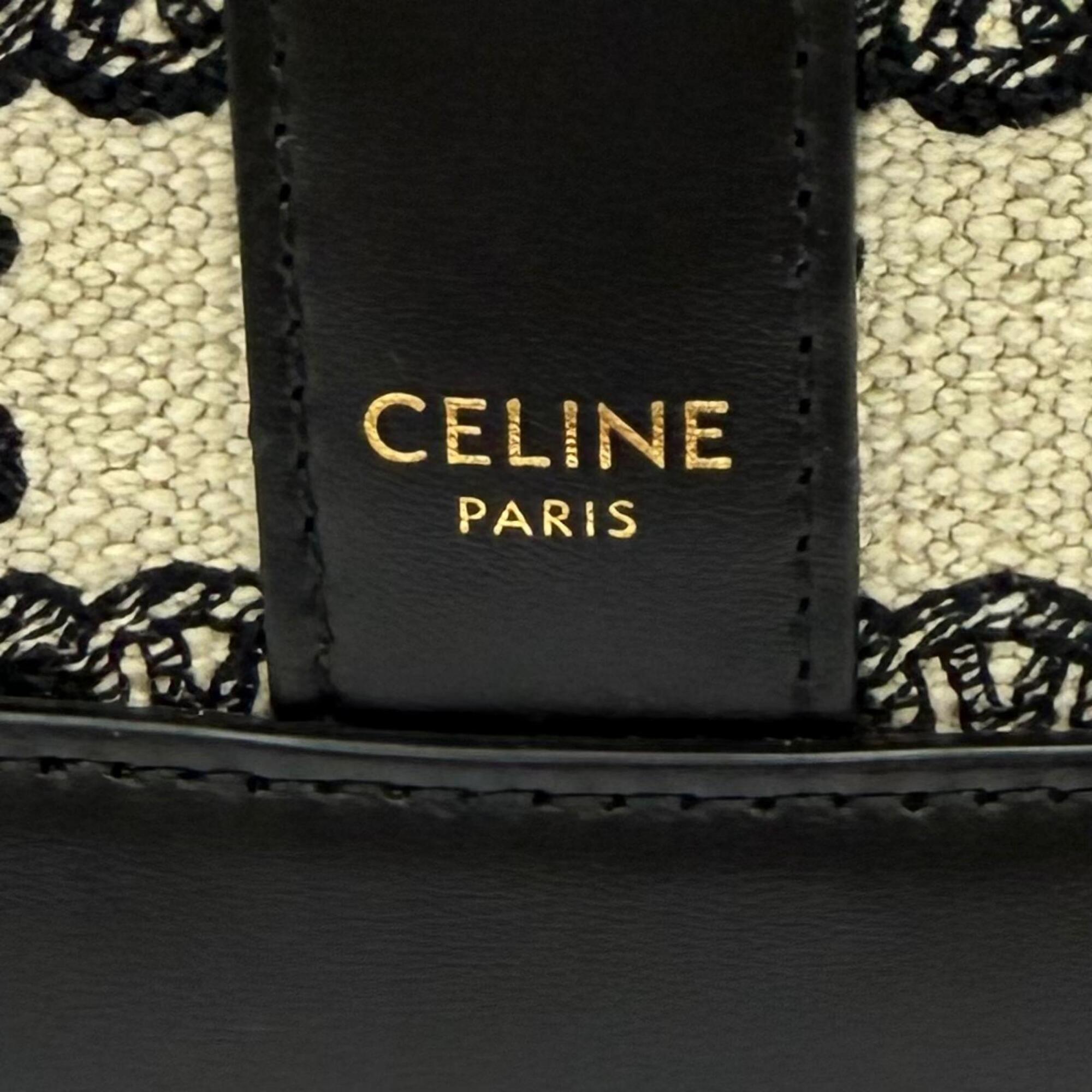 CELINE 19144 Small Bucket Triomphe Canvas & Calfskin Shoulder Bag, Off-White/Black, Made in Italy, Women's — Like New