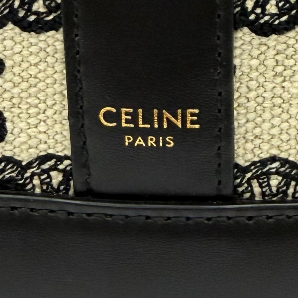 CELINE 19144 Small Bucket Triomphe Canvas & Calfskin Shoulder Bag, Off-White/Black, Made in Italy, Women's — Like New