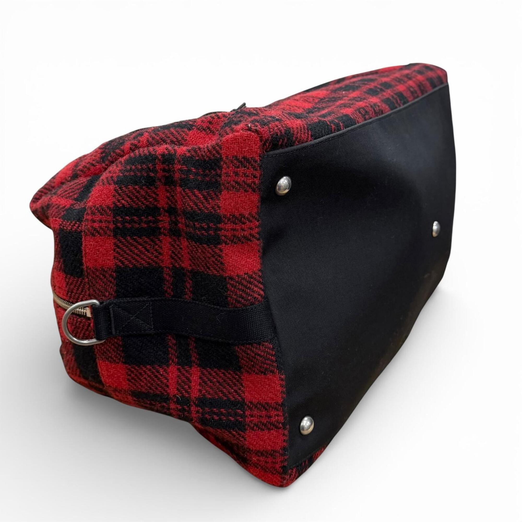 Yves Saint Laurent SAINT LAURENT PARIS 594400 Wool Leather Check Pattern 2-Way Duffle Bag/Boston Bag with Logo Patch, Red/Black, Made in Italy, Suitable for Women and Men — Like New
