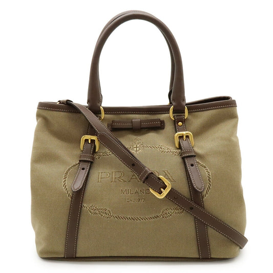 PRADA Jacquard Ribbon Handbag/Tote/Shoulder Bag in Canvas Khaki Beige and Mocha Brown (BN1841)