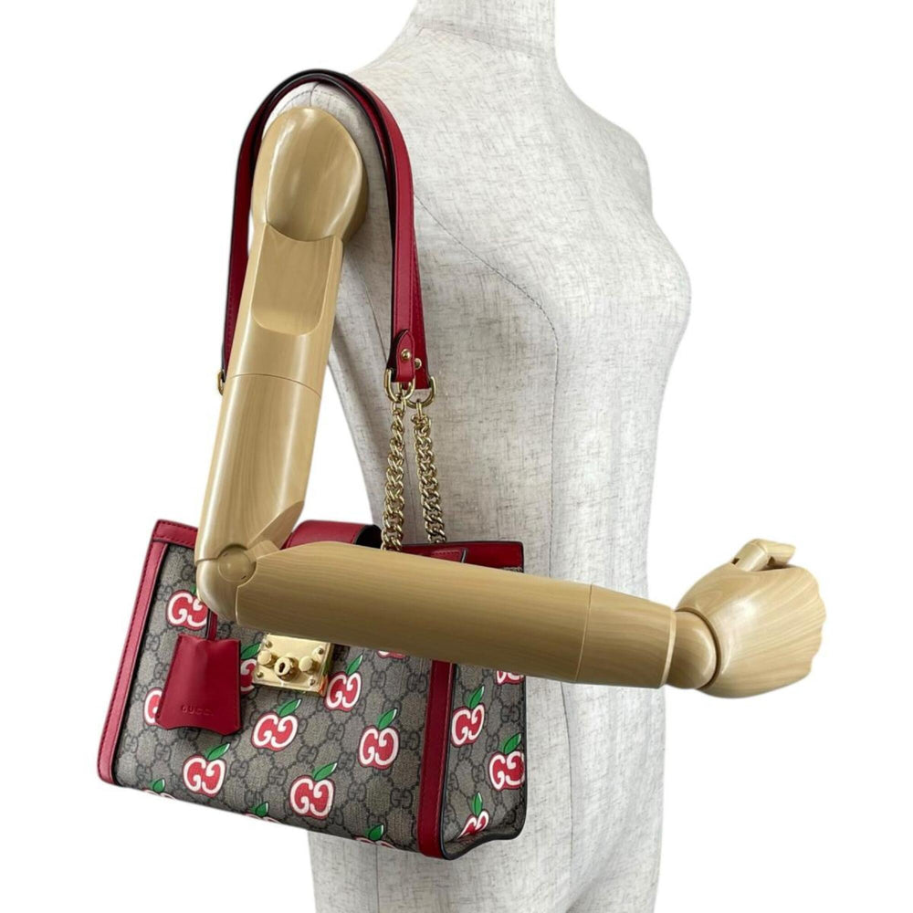 Gucci GG Apple Padlock Shoulder Bag, Canvas, 498156, Beige x Red Multicolor — Like New