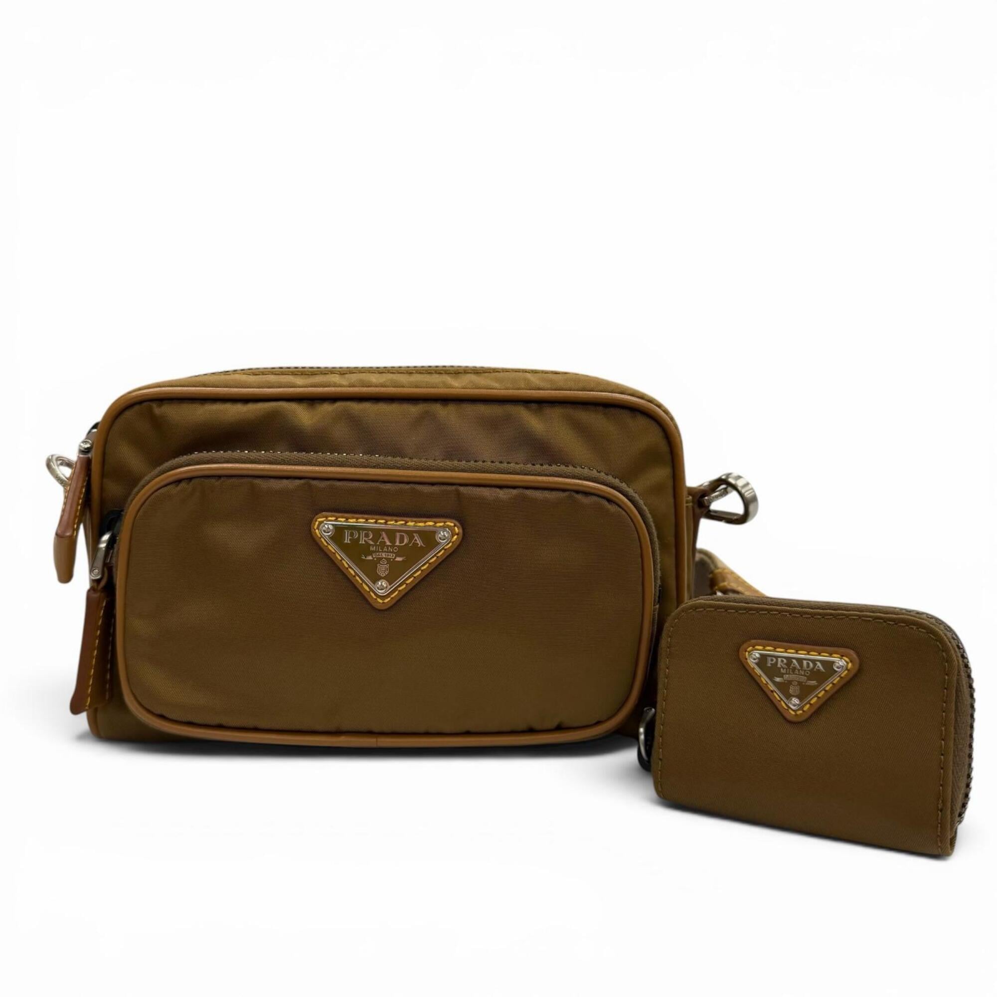 PRADA 2VH172 Nylon Leather Triangle Logo Plate Re-Nylon Shoulder Bag with Pouch Brown Made in Italy Men's — Like New