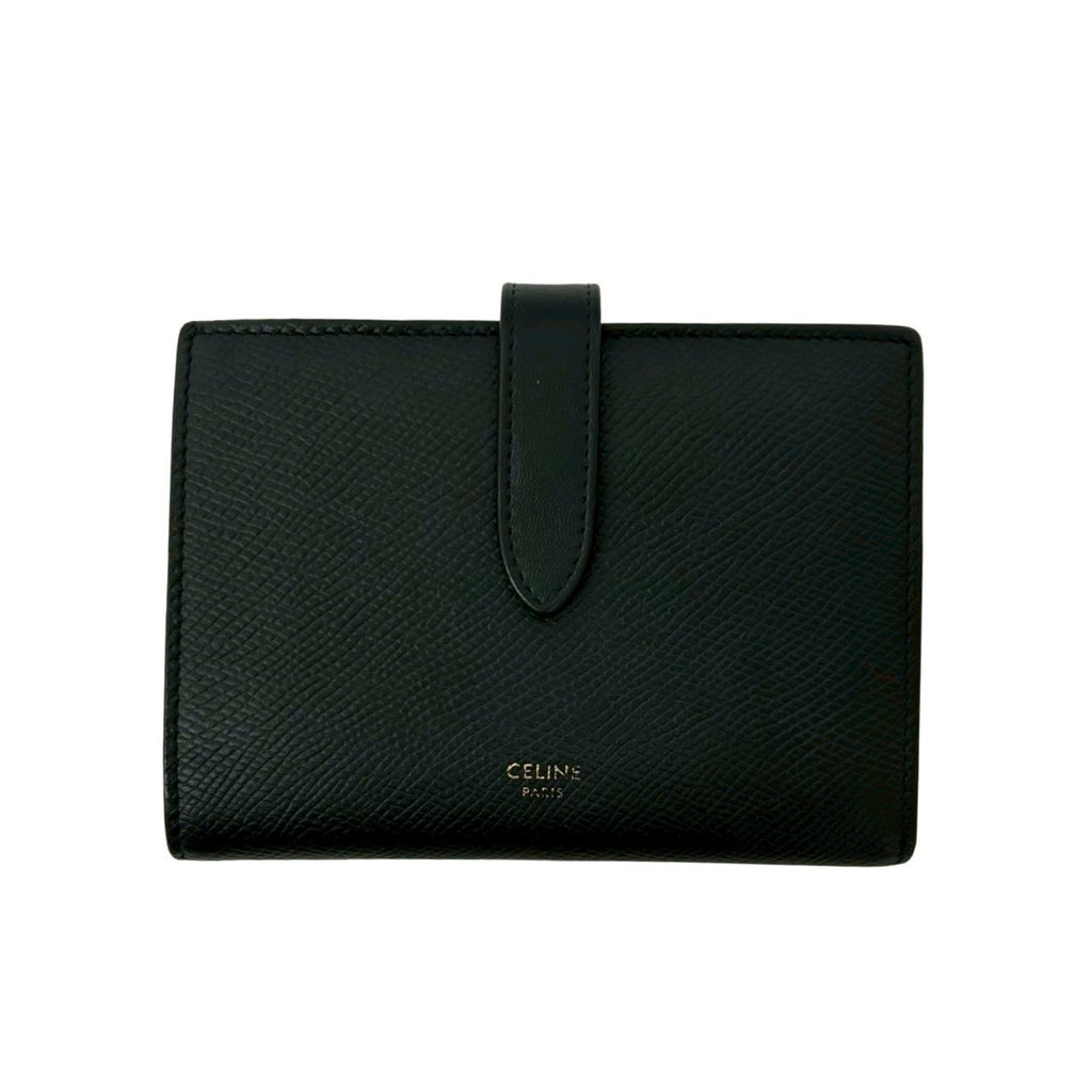 CELINE Medium Strap Leather Compact Bifold Wallet with Coin Purse, Black, 50782