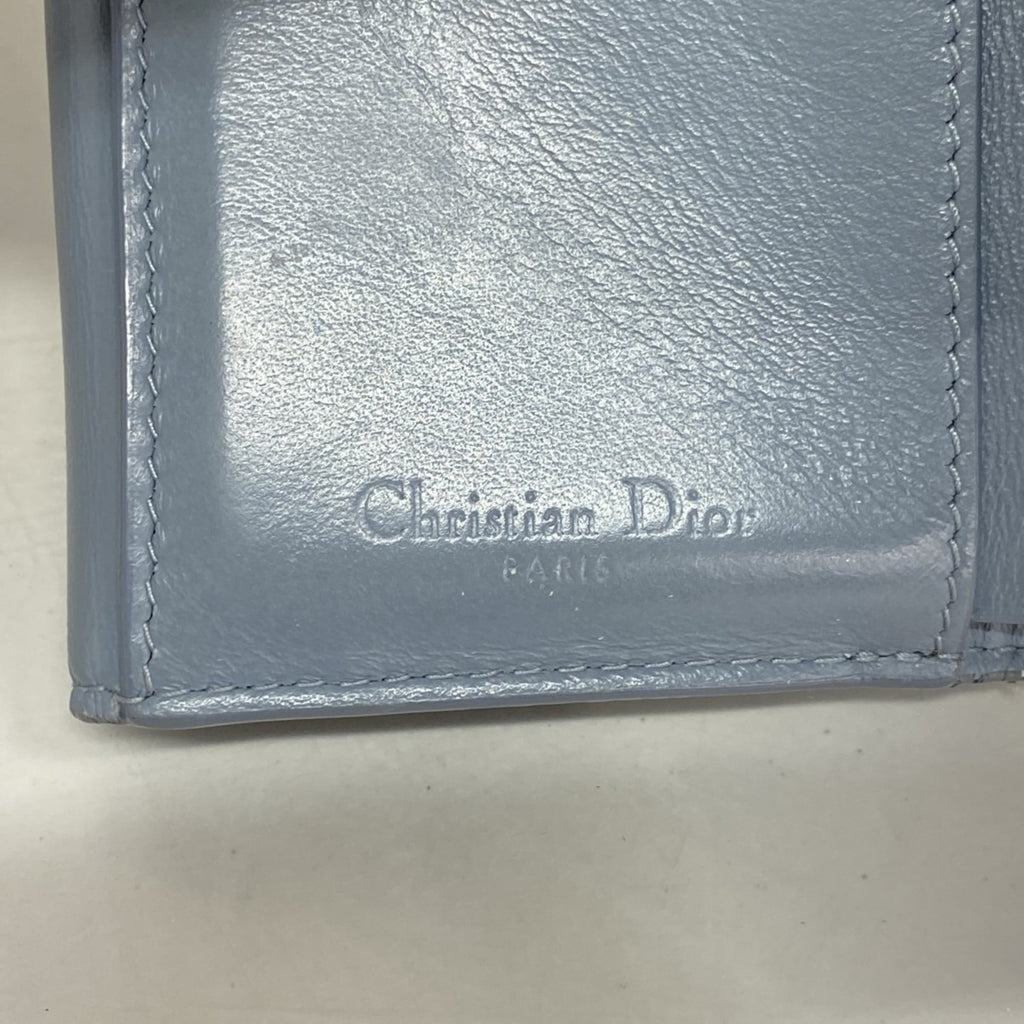 Christian Dior Tri-fold Wallet Cannage Enamel Blue Gray Women's