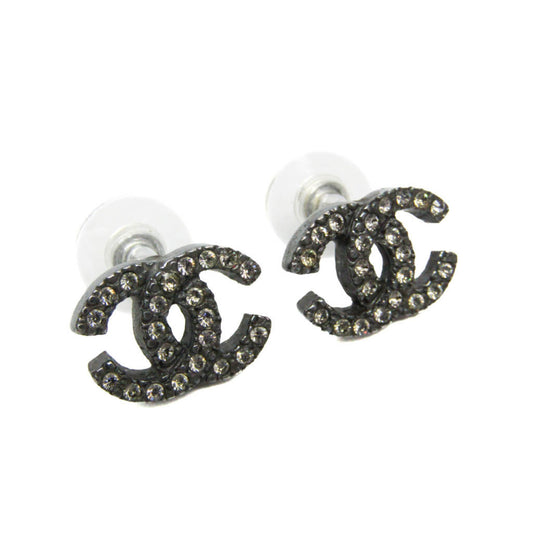 Chanel Coco Rhinestone Metal Stud Earrings Gunmetal