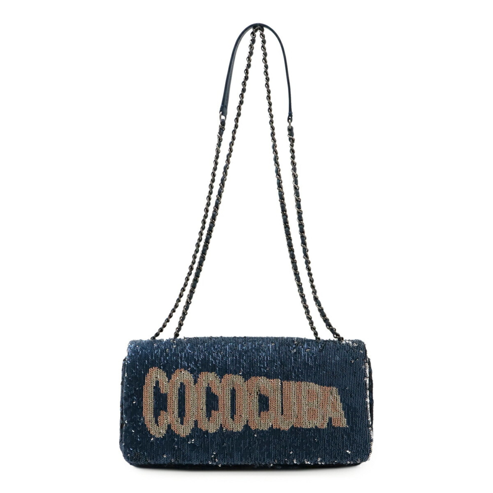 CHANEL COCOCUBA Sequin Chain Shoulder Bag Leather Blue — Like New