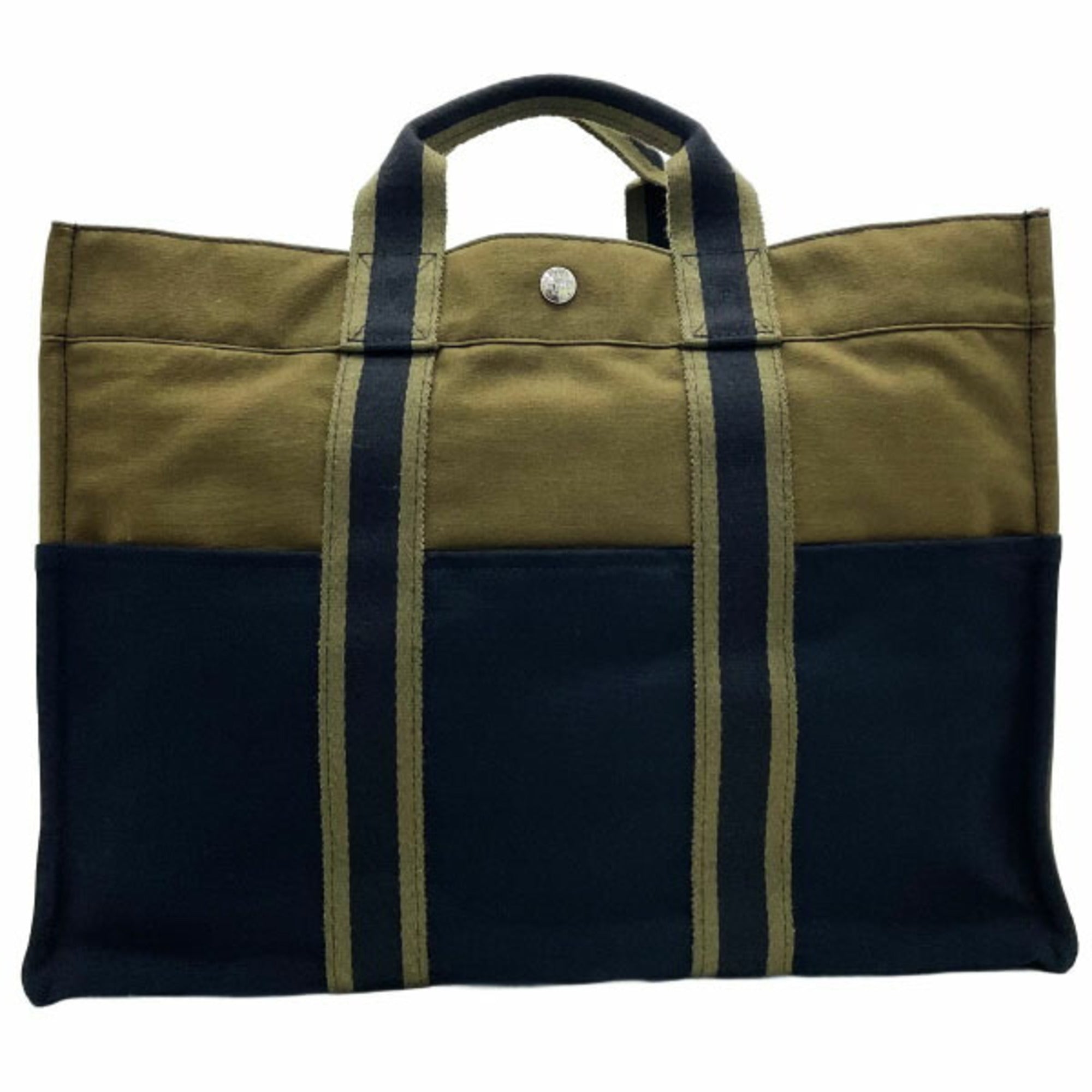 Hermes Tote Bag Foule MM Canvas Khaki Green Black HERMES Bicolor Handbag Unisex AHN-15146 — Like New