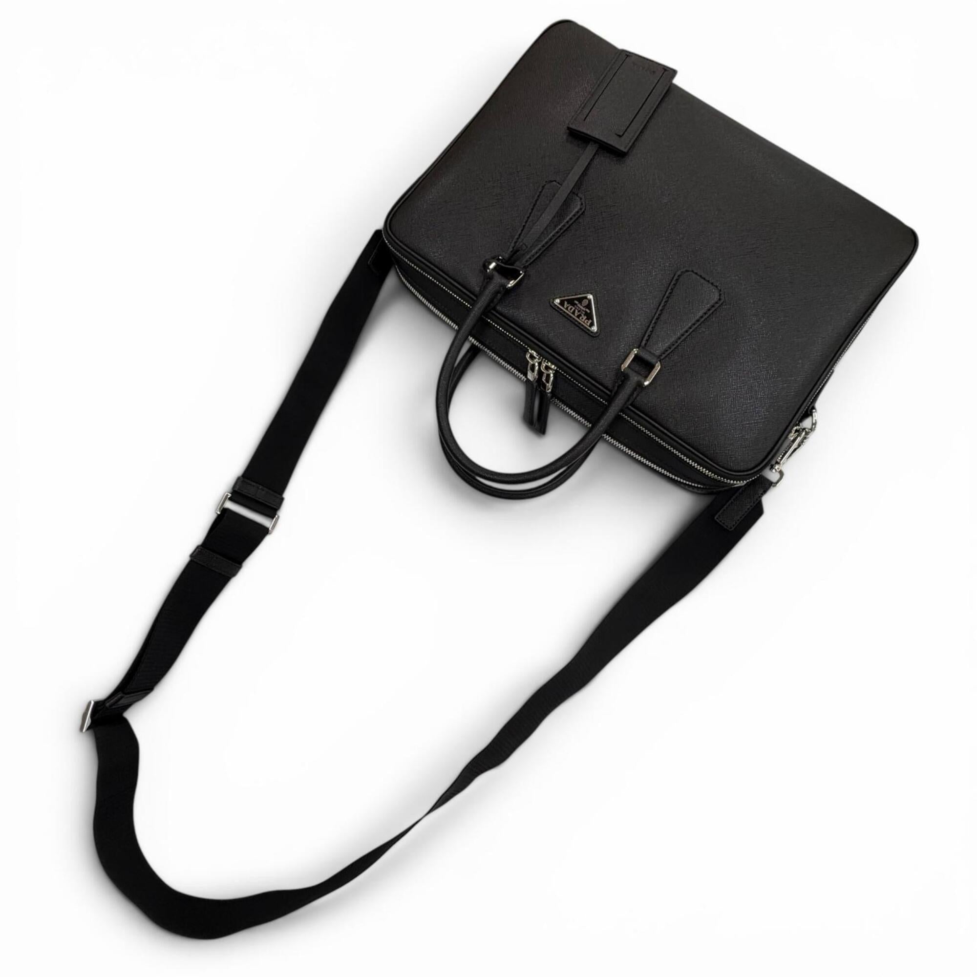 PRADA 2VE022 Saffiano Leather Triangle Logo 2-Way Briefcase Business Bag Black Made in Italy Men's — Like New