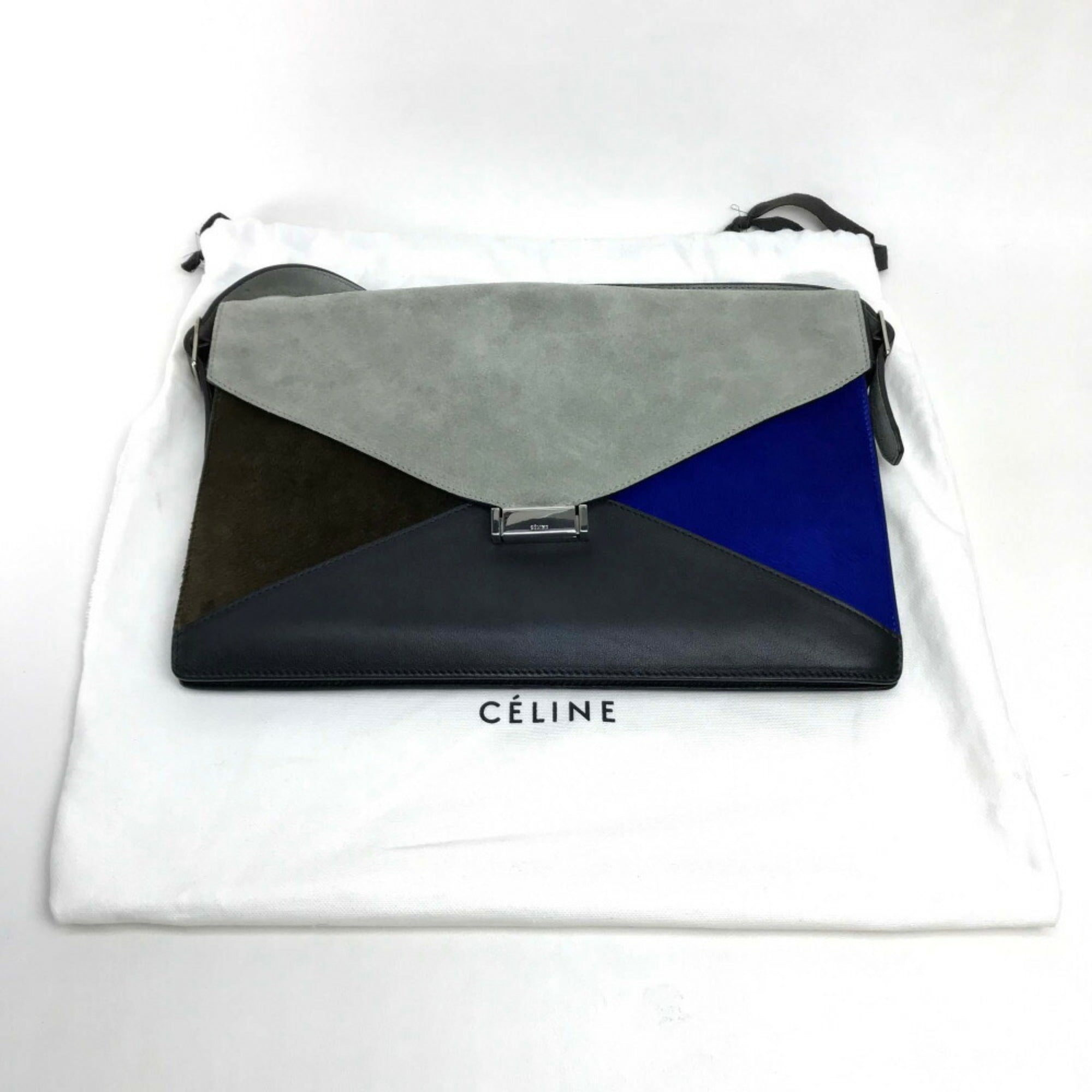 CELINE Celine Bag Metal fittings Diamond clutch Shoulder bag Clutch Suede Leather Pony Women's Gray x Black — Like New