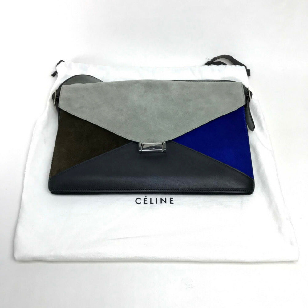 CELINE Celine Bag Metal fittings Diamond clutch Shoulder bag Clutch Suede Leather Pony Women's Gray x Black — Like New