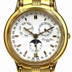 Christian Dior Moon Phase Triple Calendar Watch, Total Weight 70.6g, GP (Gold Plated) finish, Quartz movement, White dial, Item No. 61.271 — Good