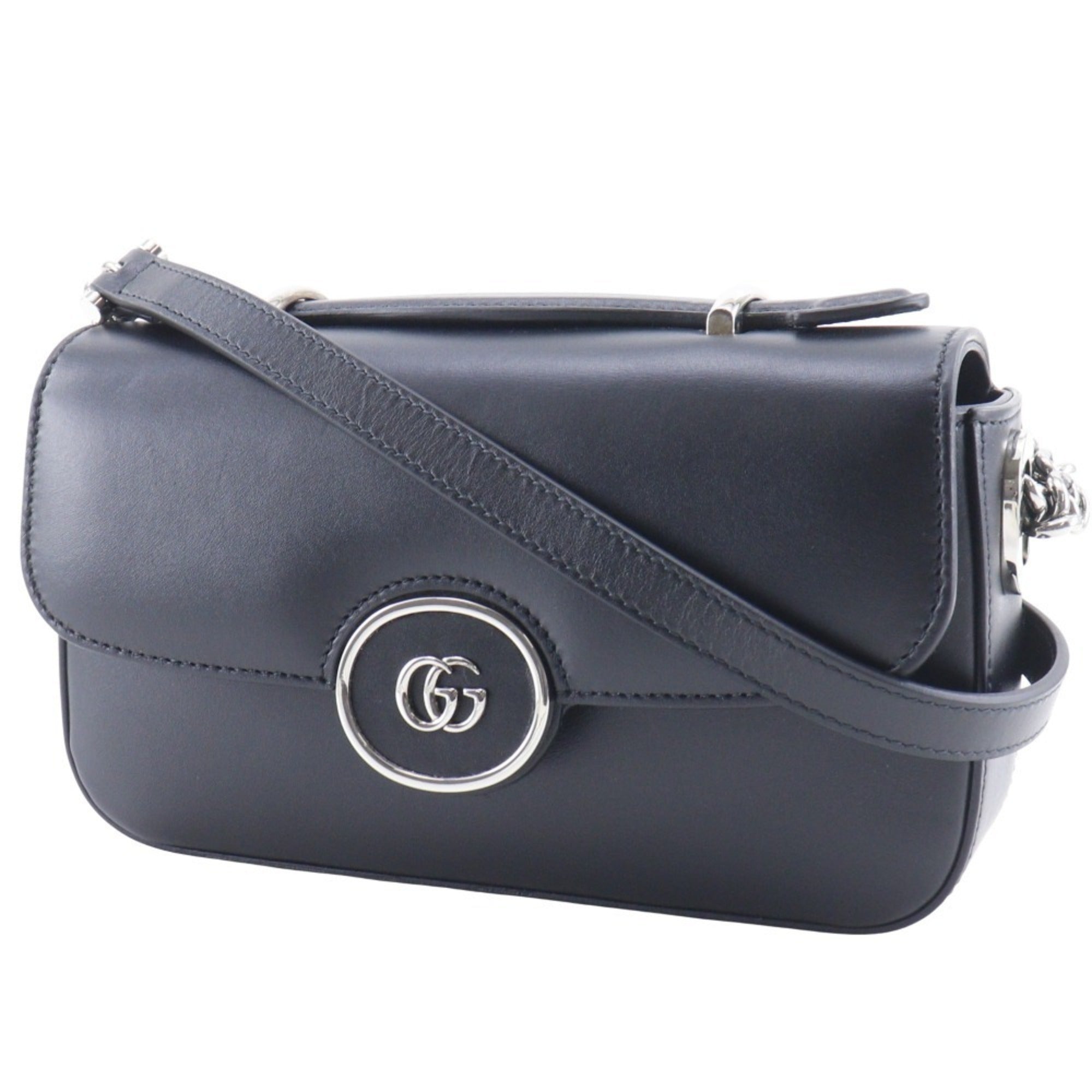 Gucci Petit GG Shoulder Bag, Double G, 2-Way, 739722, Leather, Black, Flap, GG, Women's — Like New