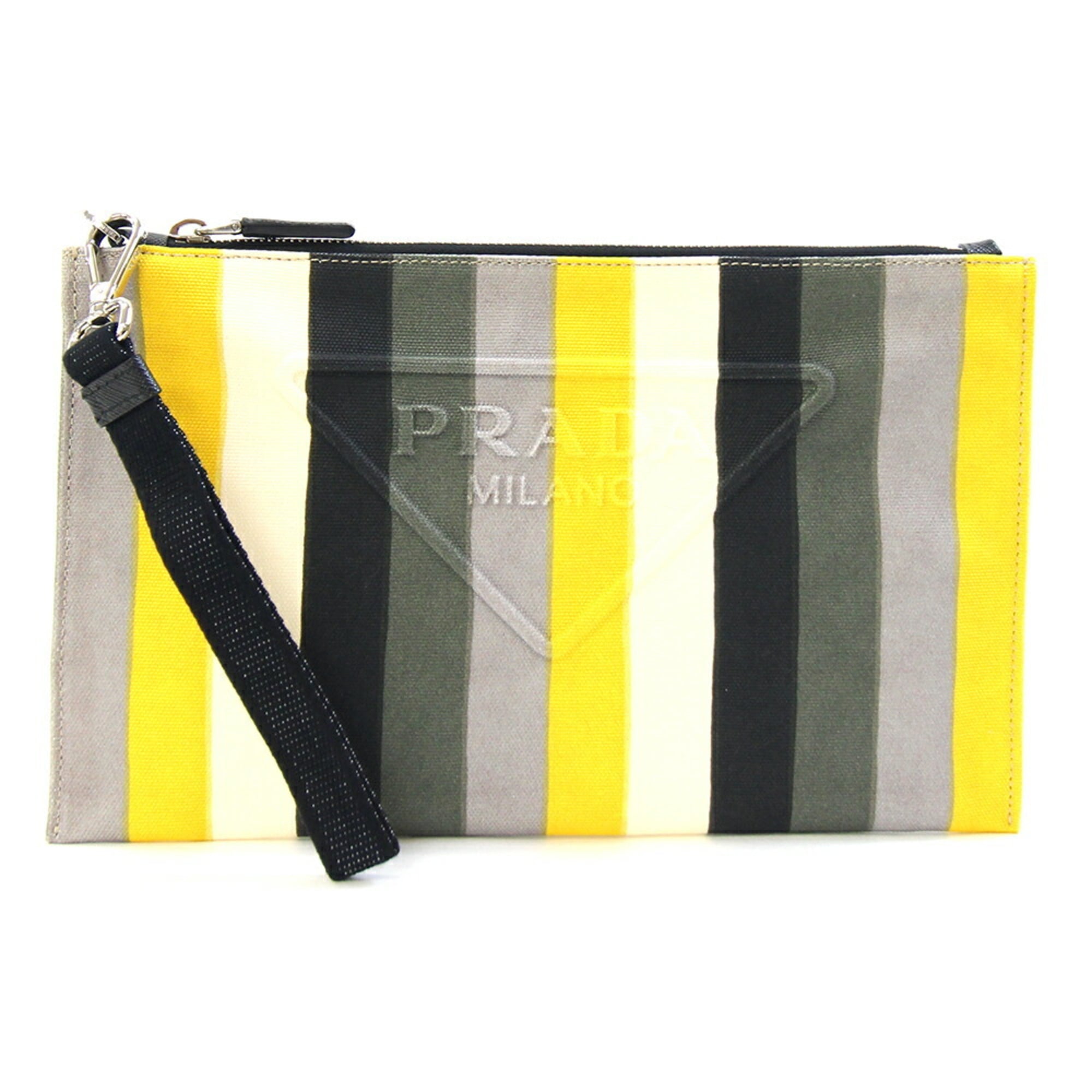 Prada Clutch Bag 2NH005 Multicolor Canvas Leather Handbag Pouch with Hand Strap Stripe Men's Women's PRADA — Like New